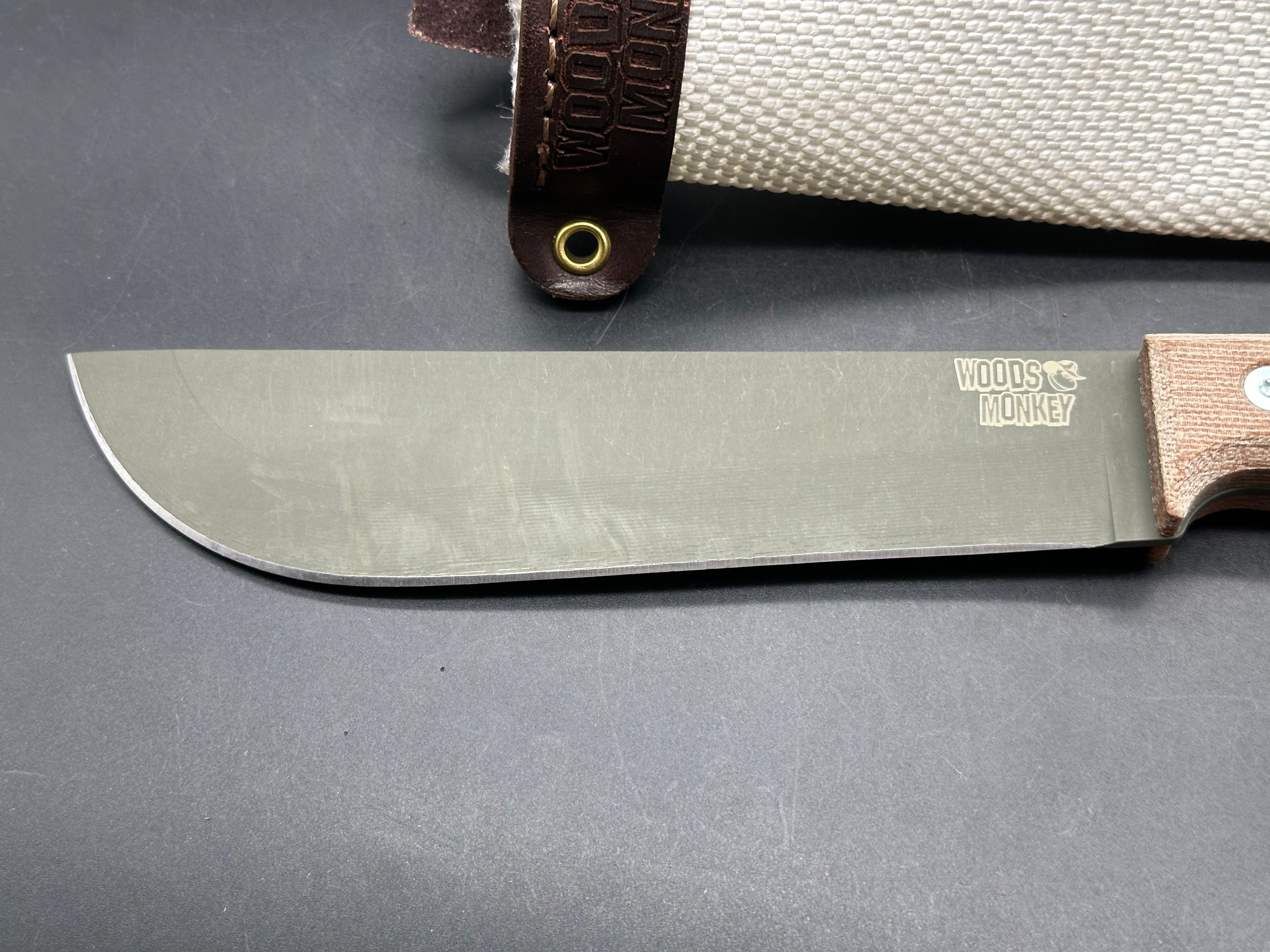 Woods Monkey Half Chete 1095 steel with OD green cerakote and natural canvas micarta handles