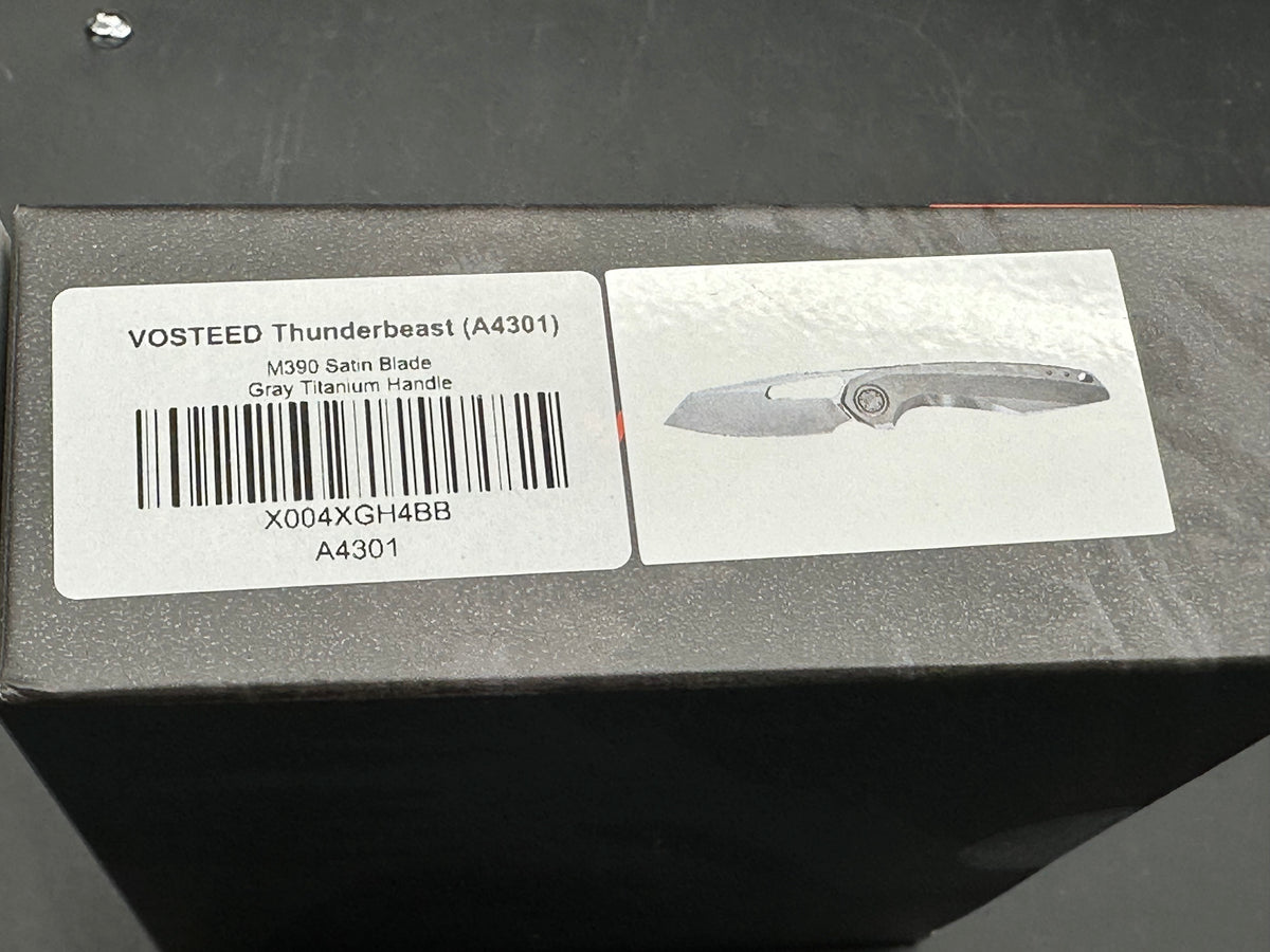 VOSTEED THUNDERBEAST FOLDING KNIFE GRAY TITANIUM HANDLE M390 REVERSE TANTO