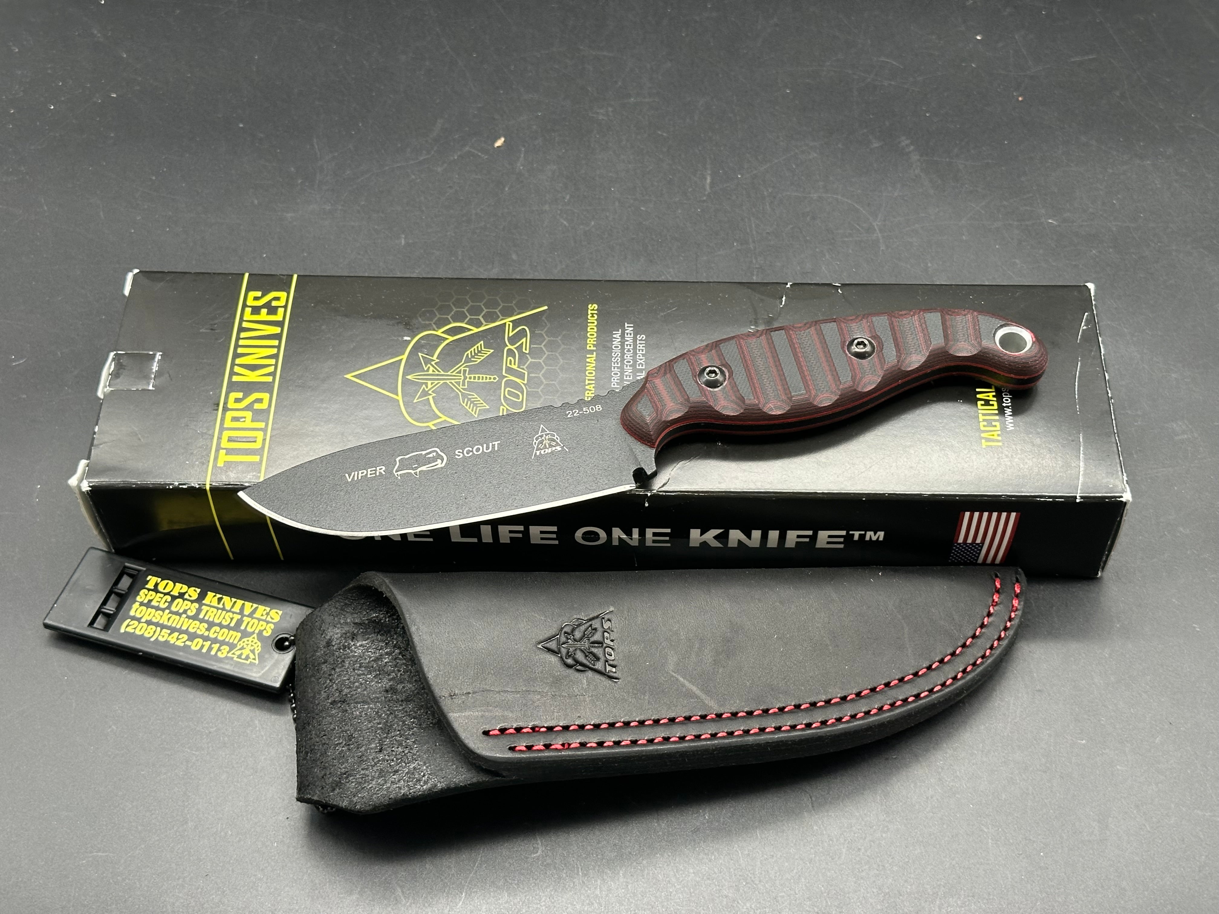 Tops Viper Scout 1095 steel with black/red G-10 scales