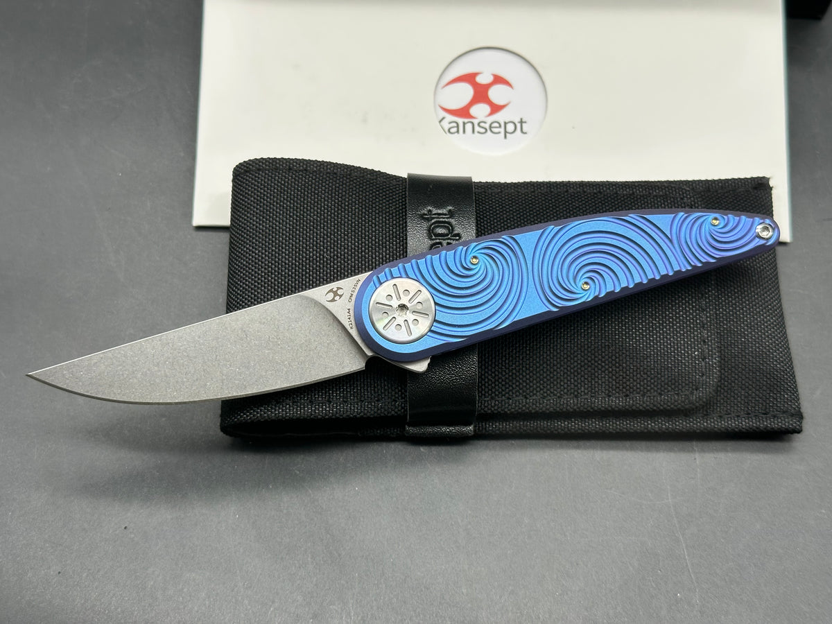 KANSEPT SYMÉTRIX BLUE-PURPLE ANODIZED TITANIUM/SWIRL PATTERN HANDLE 2.85" STONEWASH S35VN