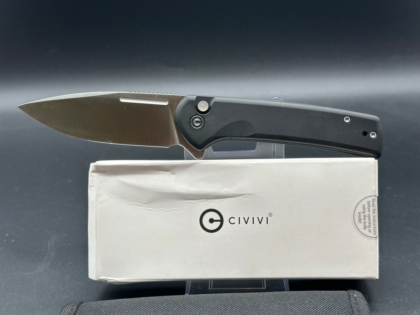 CIVIVI Knives Conspirator Flipper Knife 3.48" S35VN Satin Drop Point Blade, Black Aluminum Handles - KnifeCenter Exclusive, Button Lock