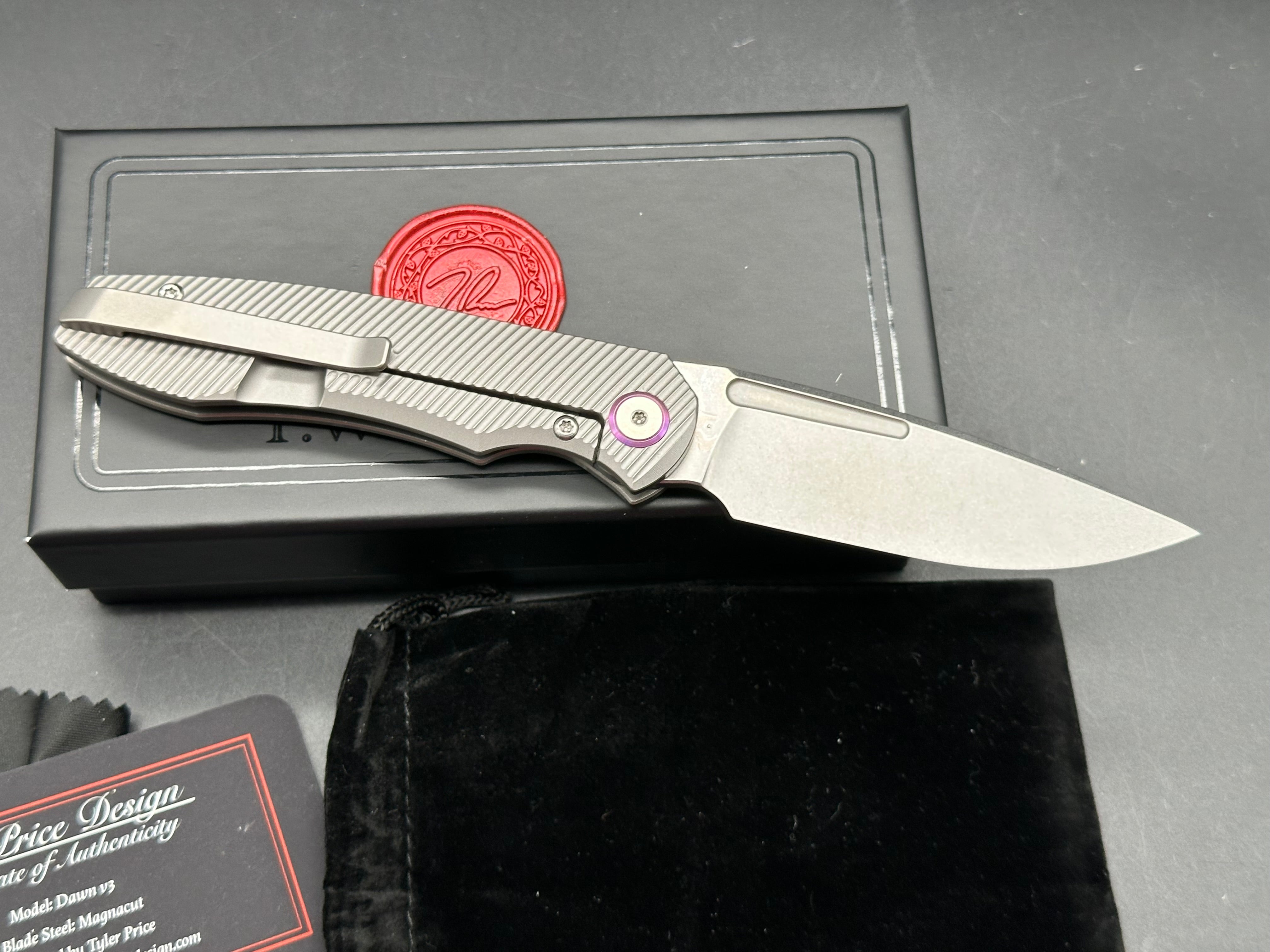 T.W. Price Dawn v.3 (3.3") CPM MagnaCut Stonewash Blade with Deep Angle Milled Titanium Scales
