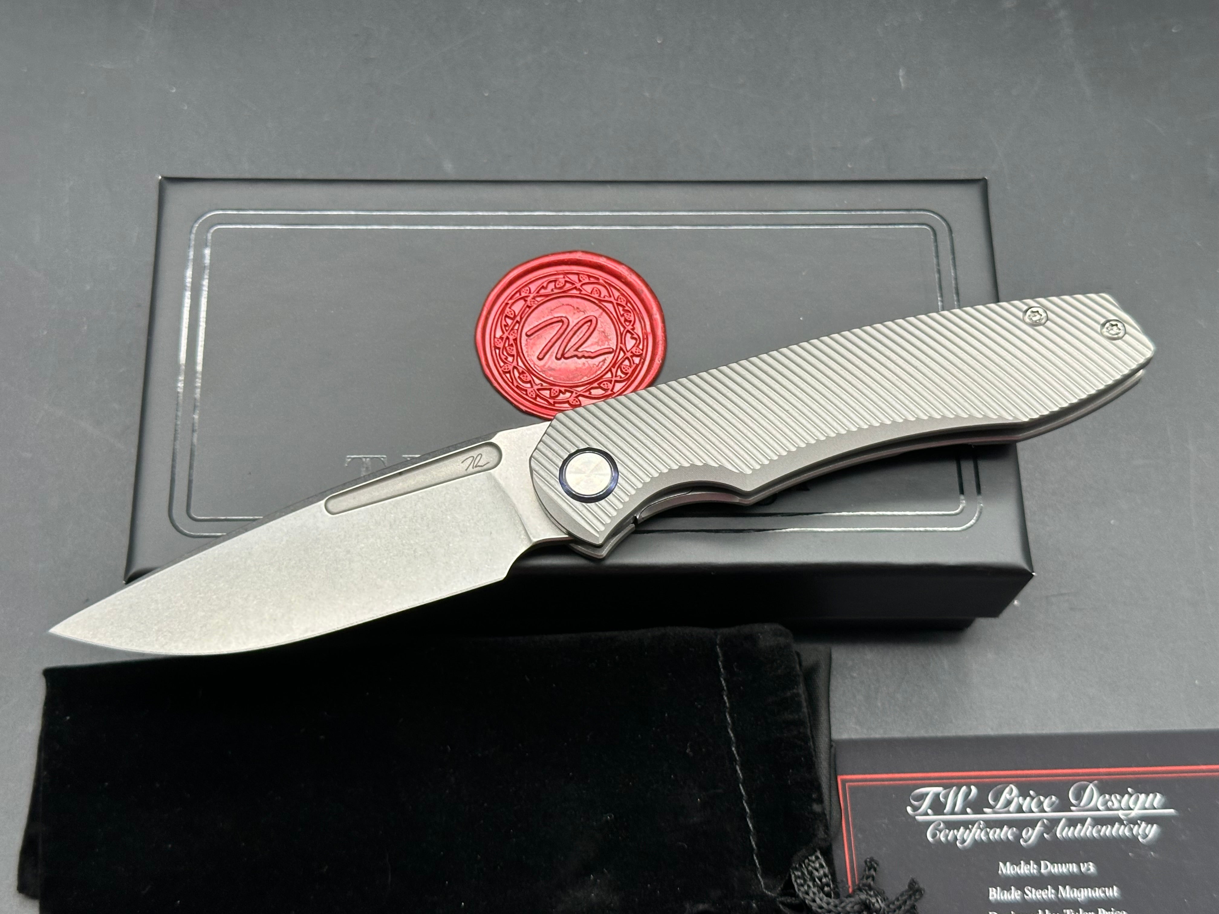 T.W. Price Dawn v.3 (3.3") CPM MagnaCut Deep Angle Milled Titanium Scales plus Timascus Pocket Clip and Timascus Pivot Collar