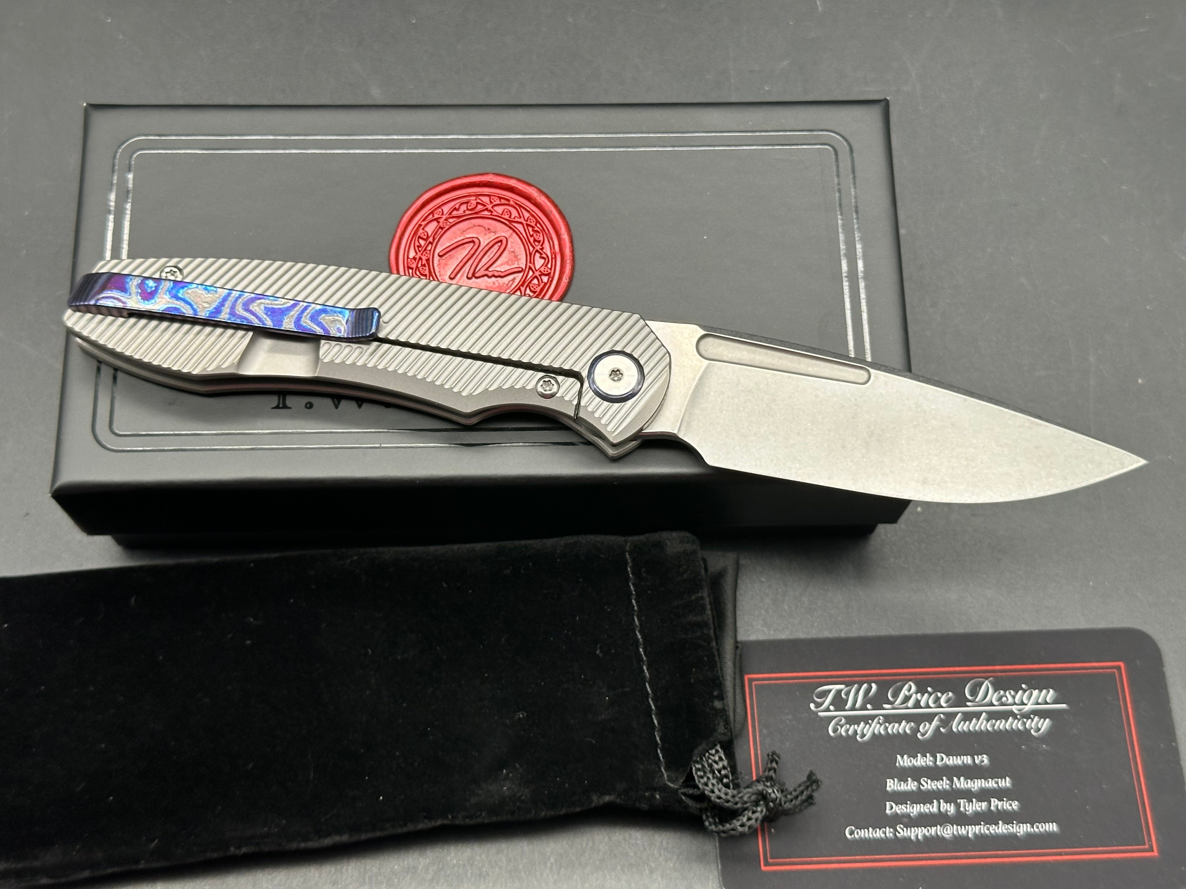 T.W. Price Dawn v.3 (3.3") CPM MagnaCut Deep Angle Milled Titanium Scales plus Timascus Pocket Clip and Timascus Pivot Collar