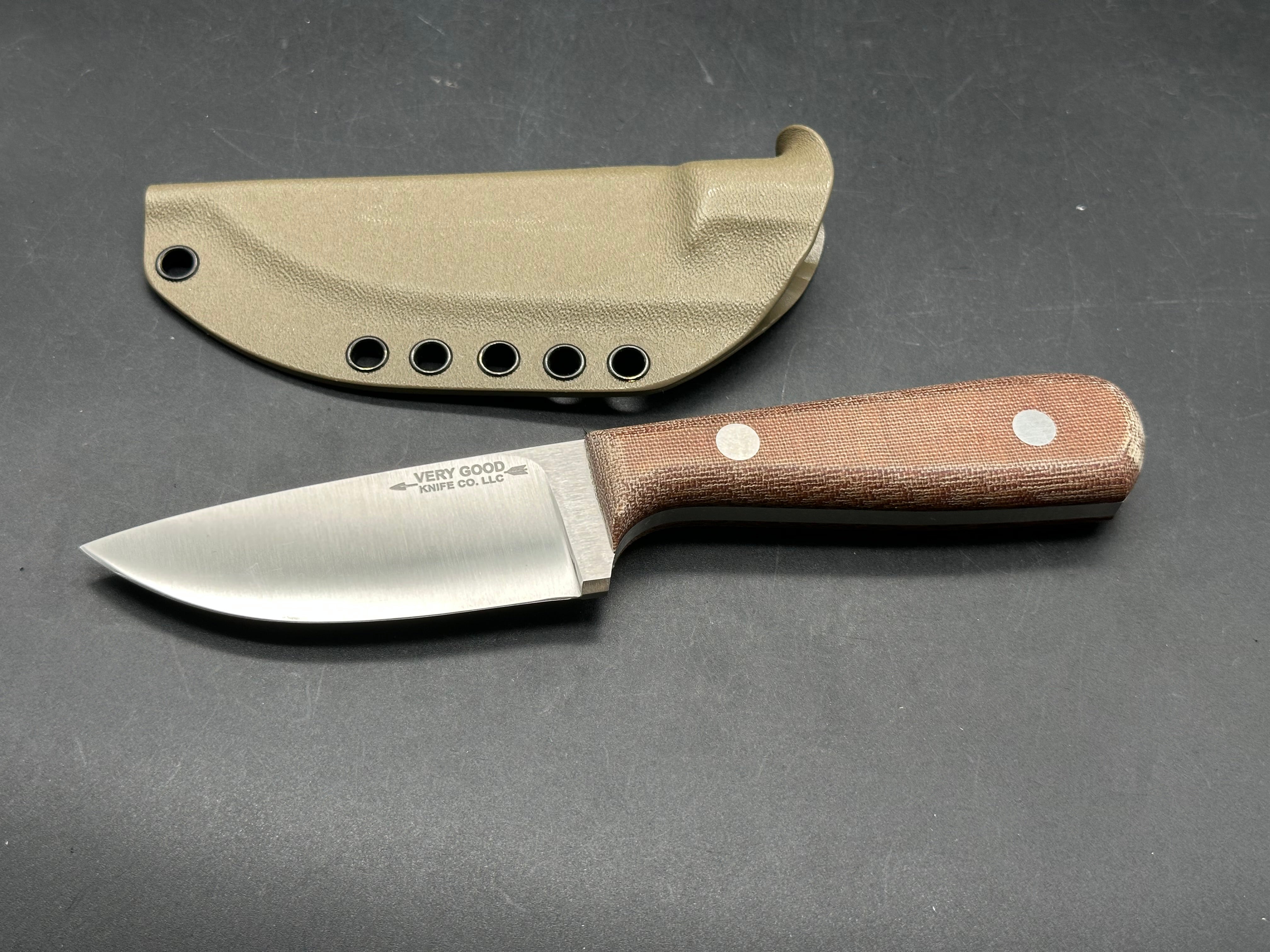 Very Good Knife Company - Adventure in Nitro-V with natural canvas micarta handles, custom Convex grind