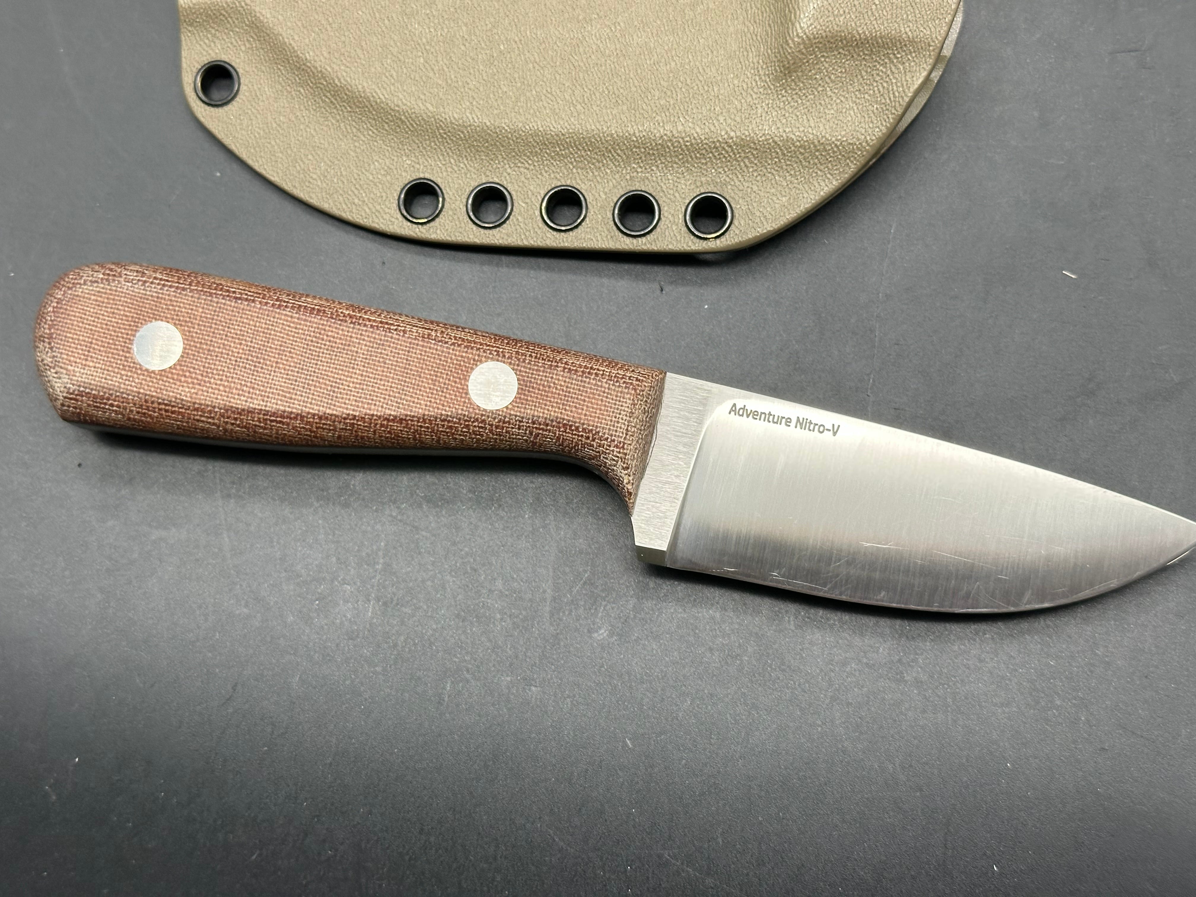 Very Good Knife Company - Adventure in Nitro-V with natural canvas micarta handles, custom Convex grind