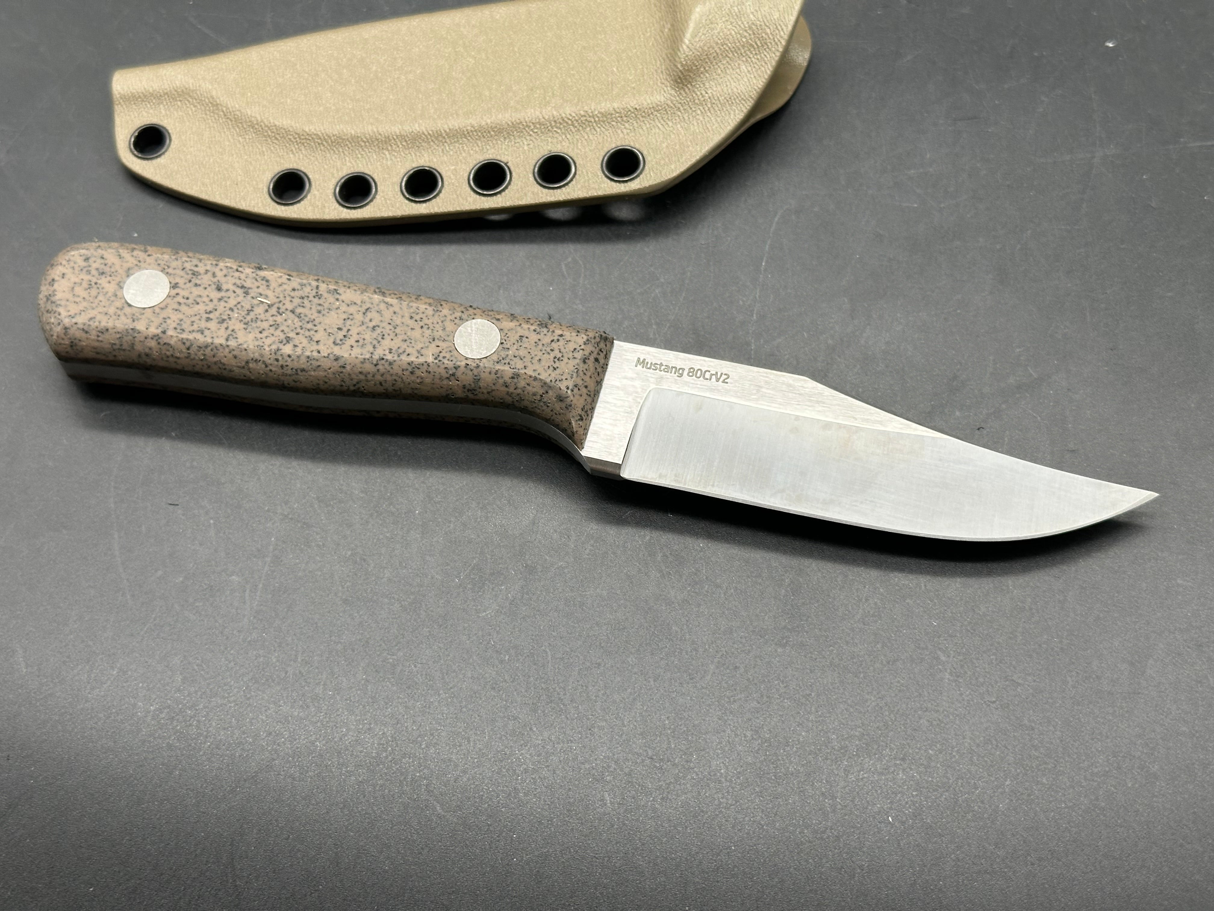 Very Good Knife Company - Mustang in 80CRV2 with tan Griptec handles, hollow grind with factory edge