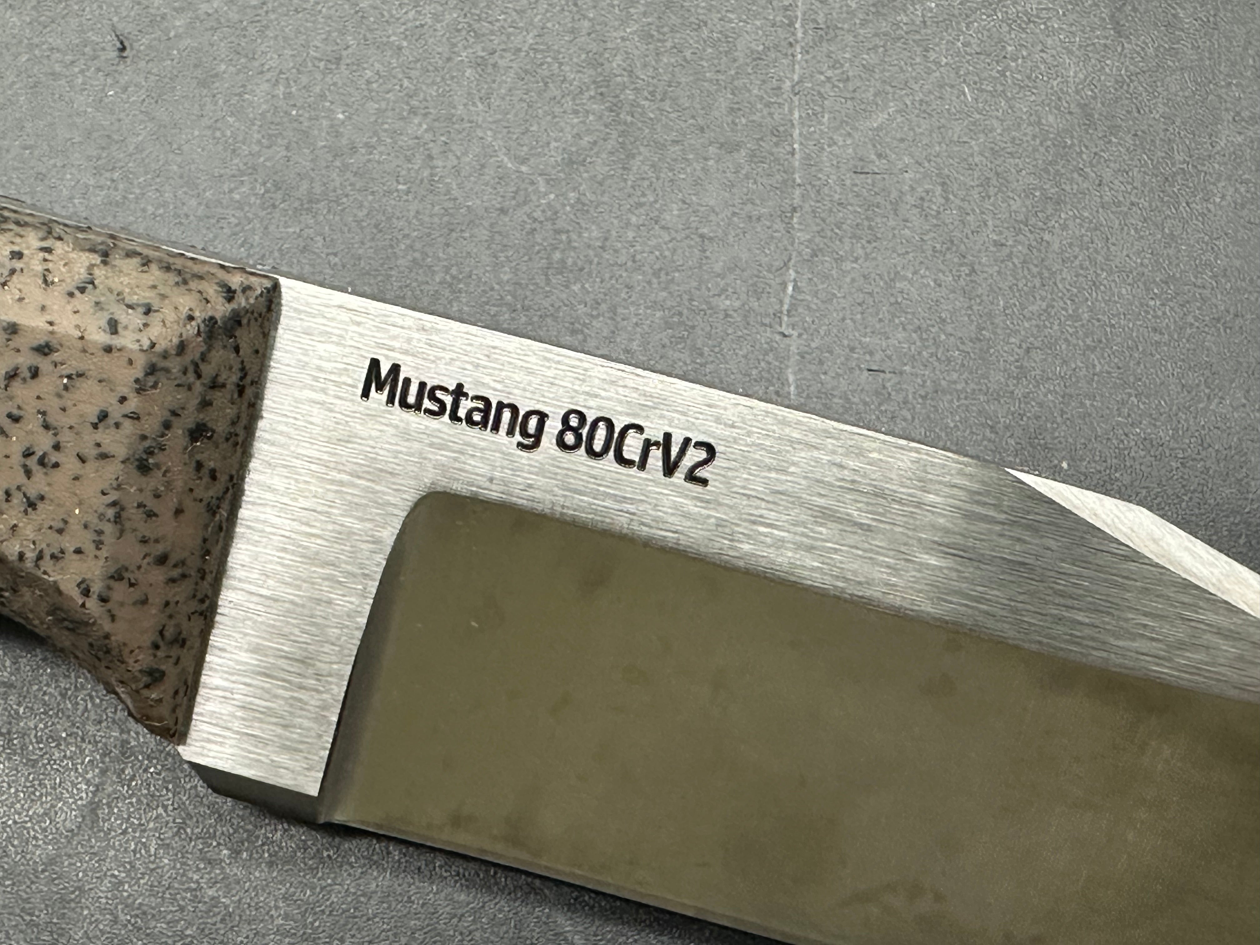 Very Good Knife Company - Mustang in 80CRV2 with tan Griptec handles, hollow grind with factory edge