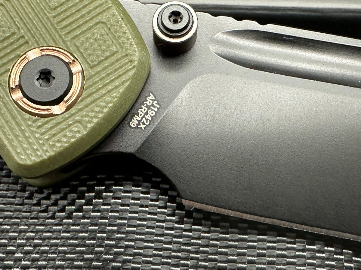 CJRB BOWIE PYRITE GREEN TEXTURED G10 HANDLE AR-RPM9 BLACK PVD FINISH