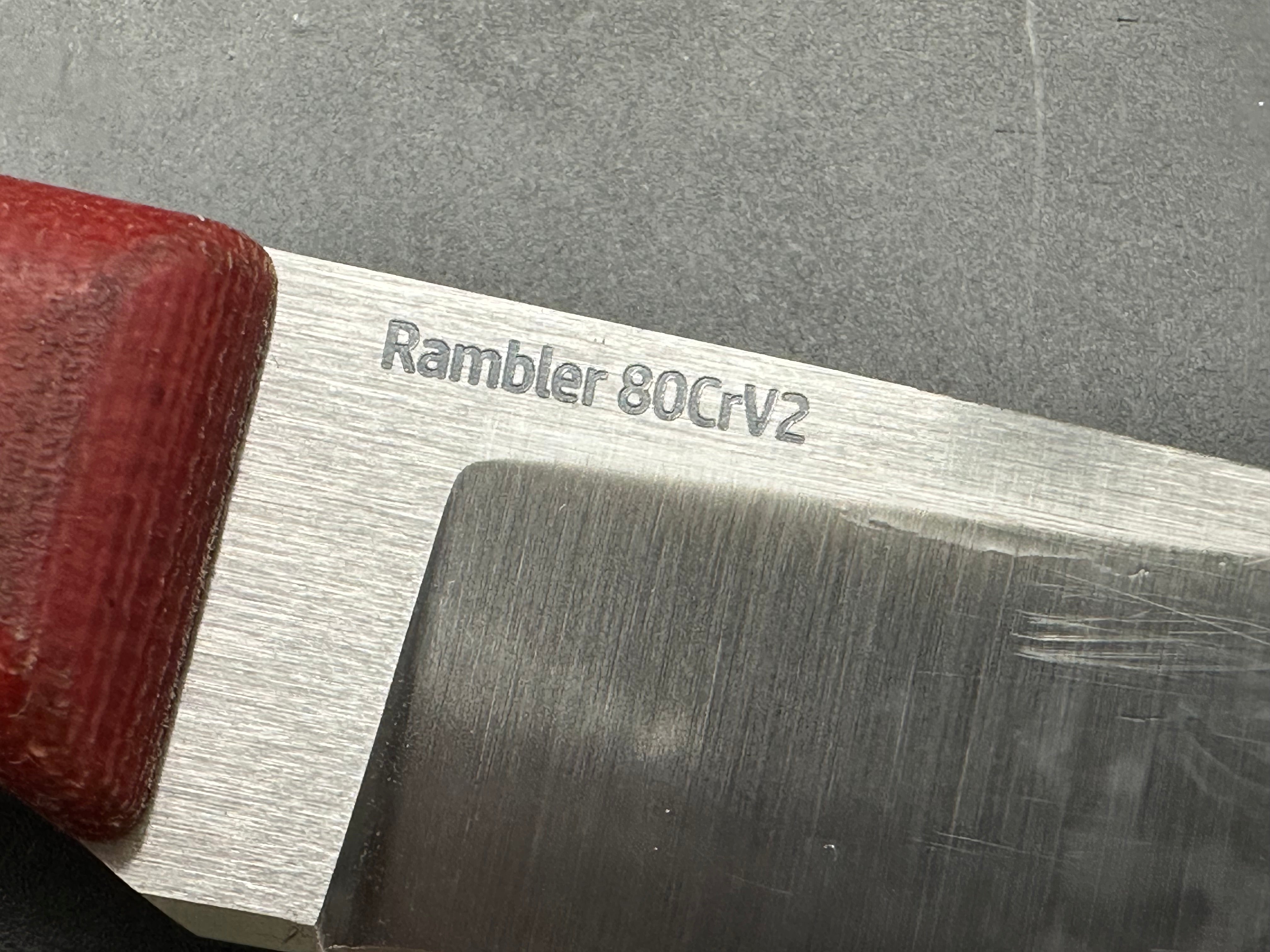 Very Good Knife Company - Rambler in 80CRV2 with red canvas micarta handles, saber grind