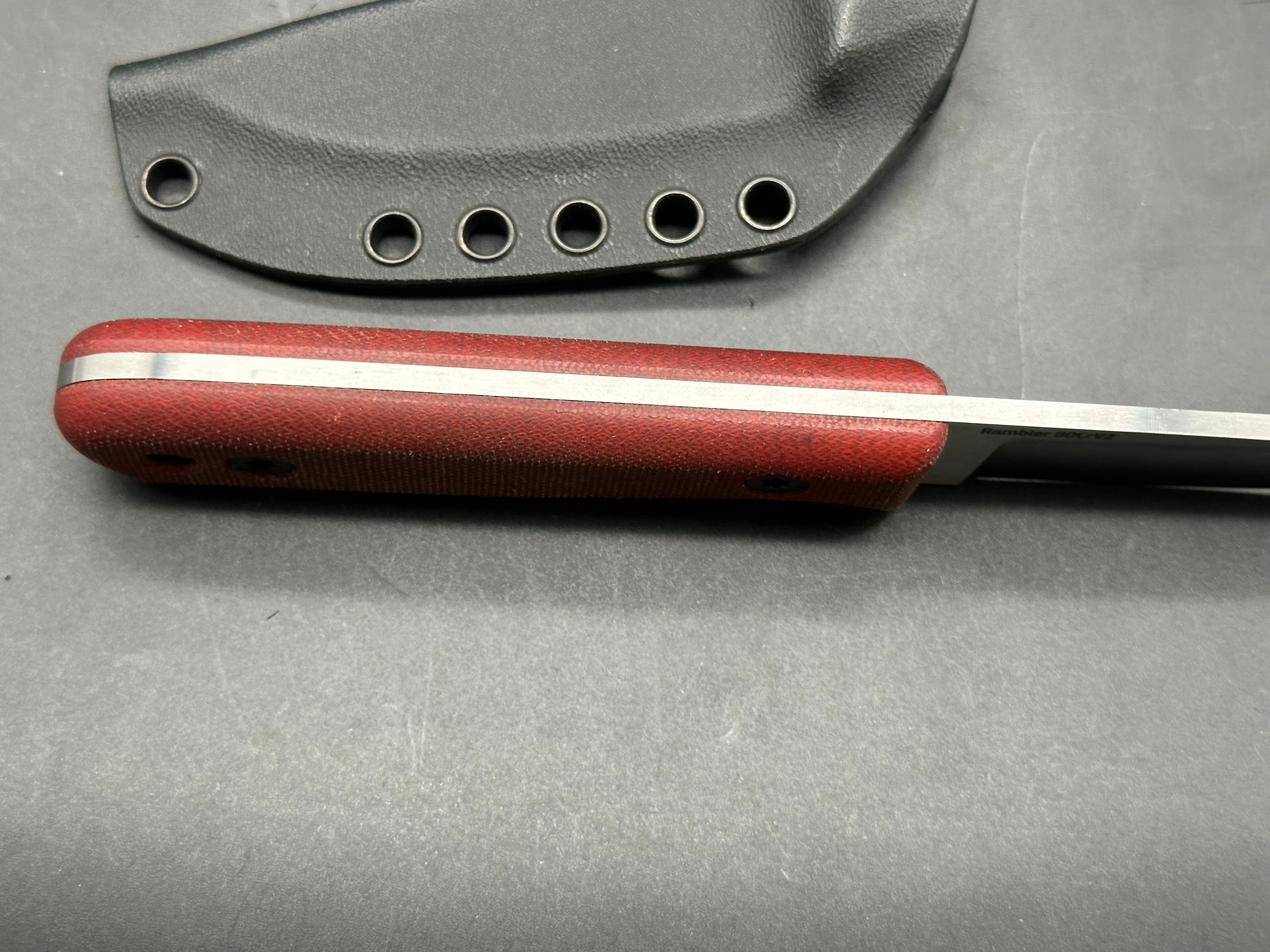 Very Good Knife Company - Rambler in 80CRV2 with red canvas micarta handles, saber grind