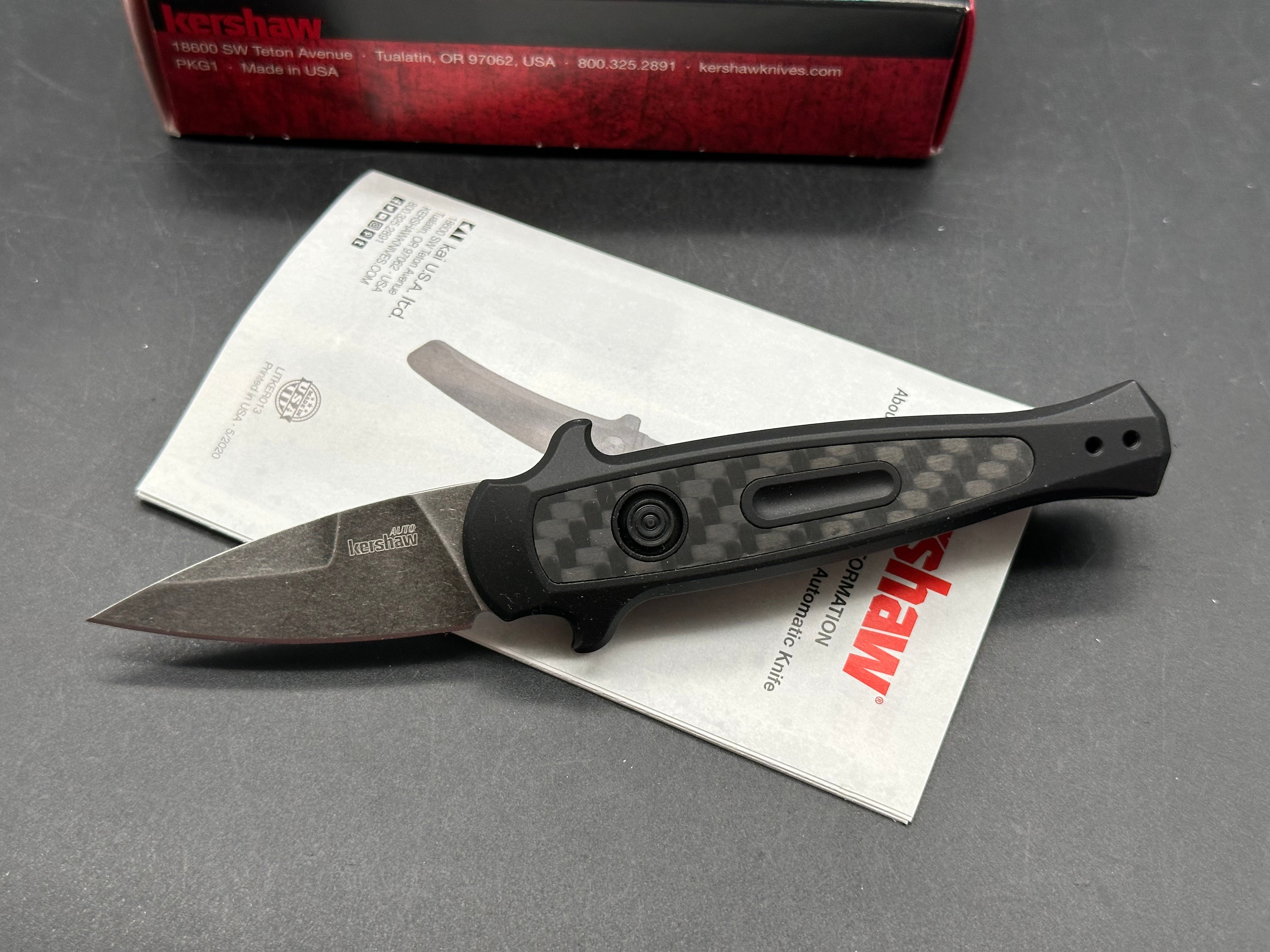 Kershaw Launch 12 CA Legal Mini Stiletto Automatic Knife Black/CF (1.9"Black SW)