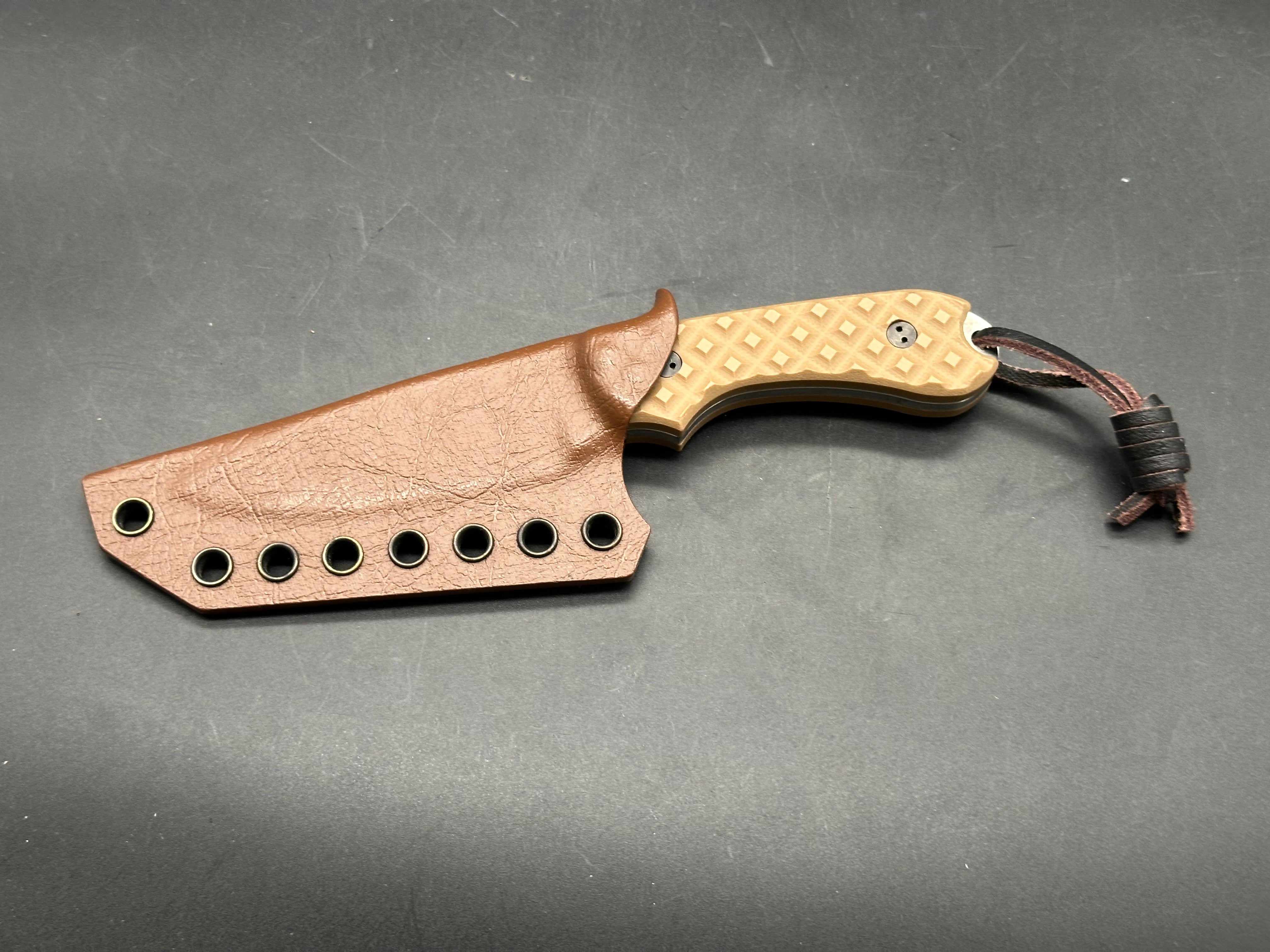 Bradford Guardian 3 in CPM-3V with tan G-10 flat scales and custom kydex sheath
