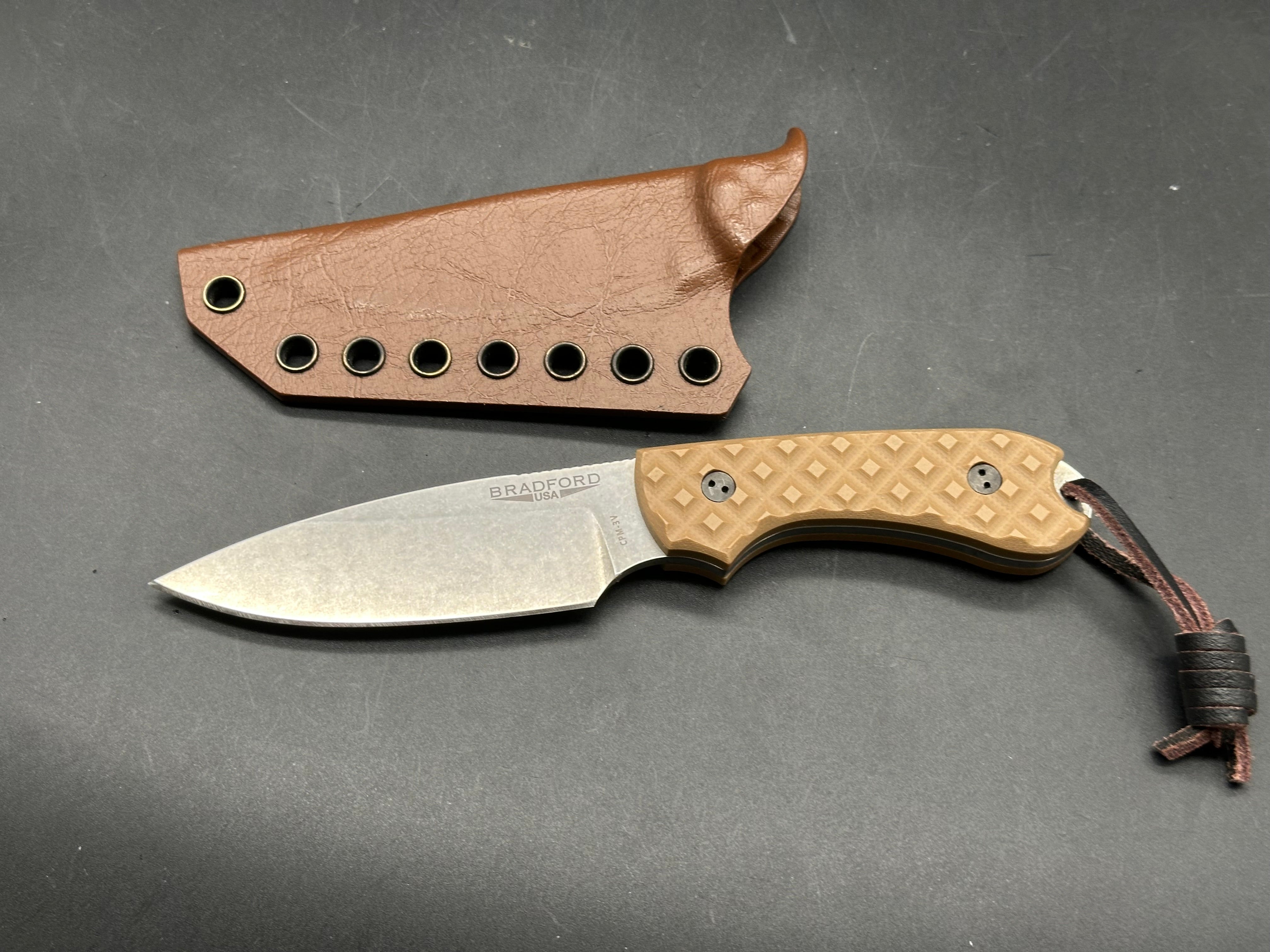 Bradford Guardian 3 in CPM-3V with tan G-10 flat scales and custom kydex sheath