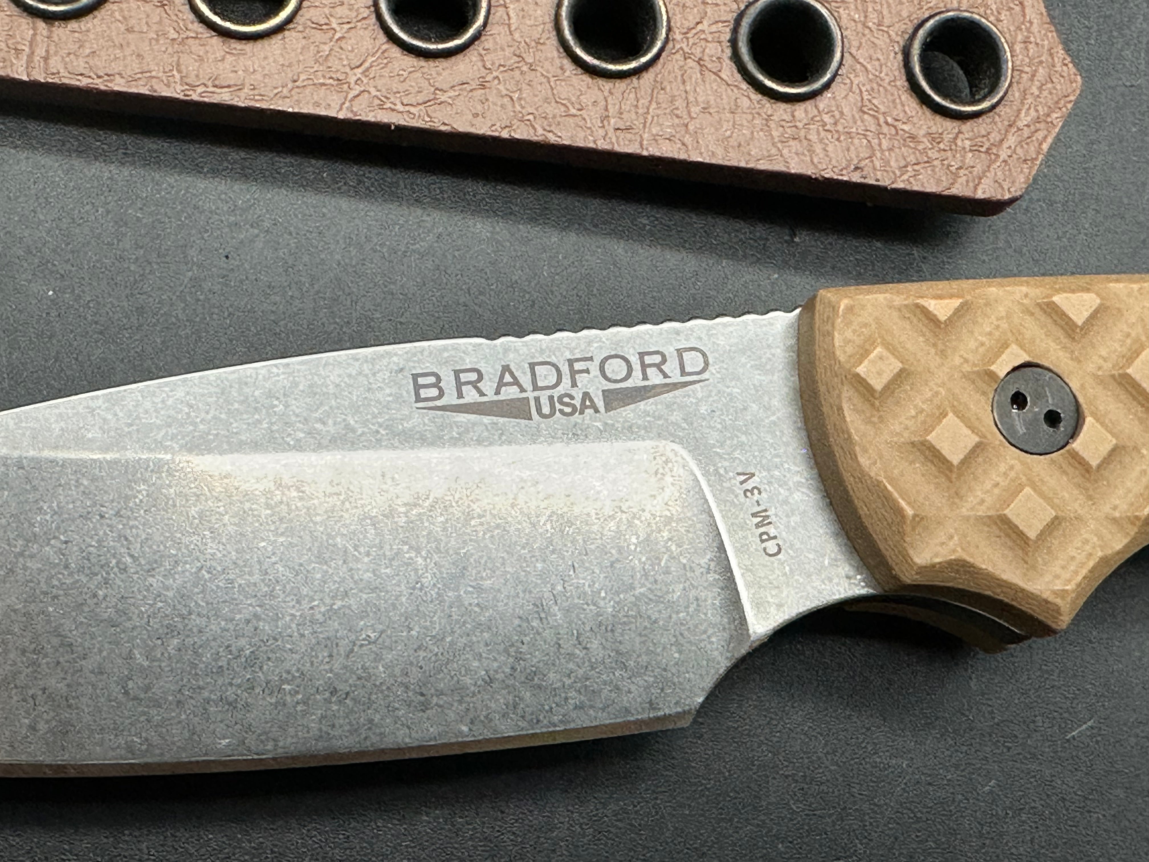 Bradford Guardian 3 in CPM-3V with tan G-10 flat scales and custom kydex sheath