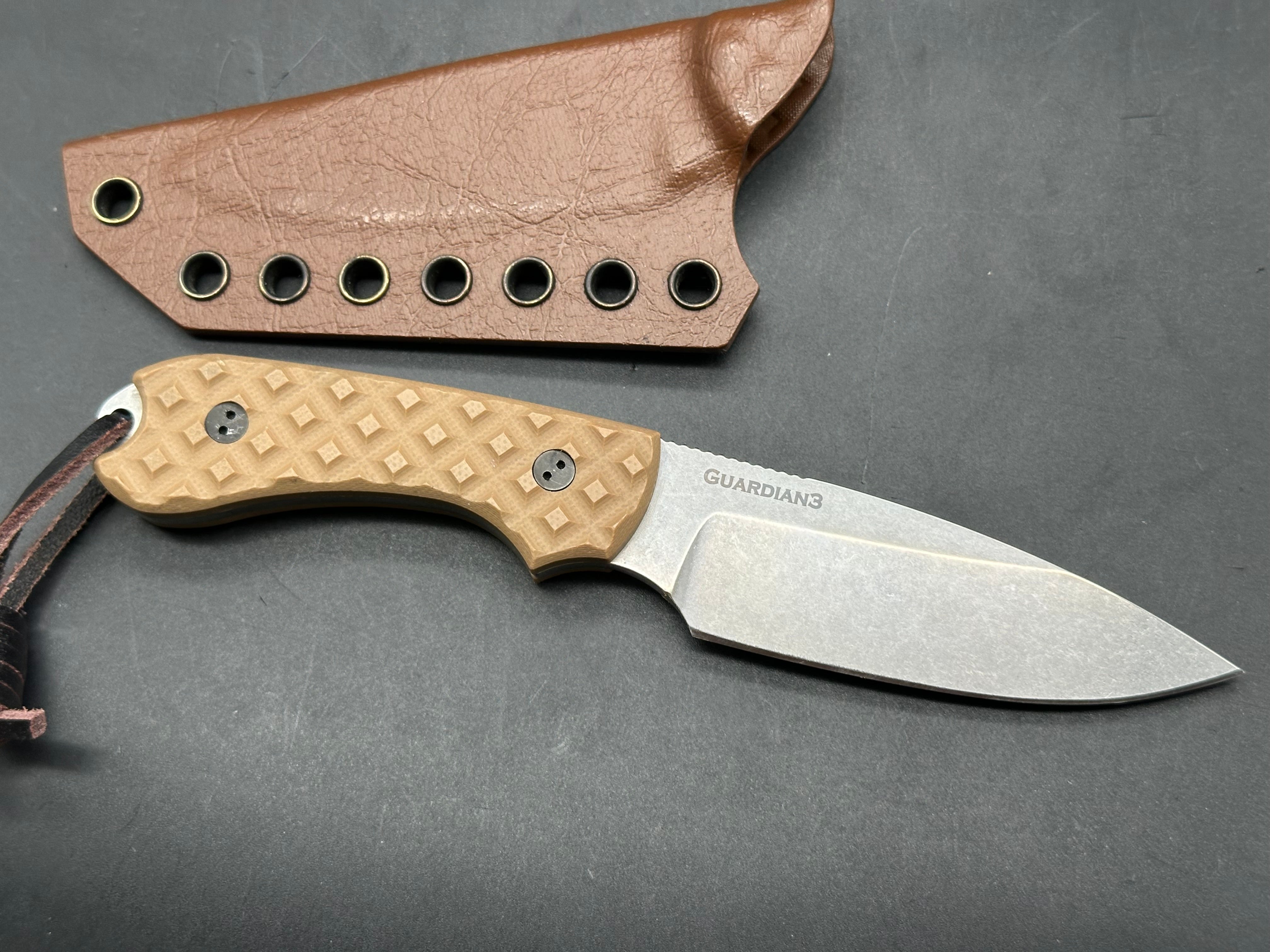 Bradford Guardian 3 in CPM-3V with tan G-10 flat scales and custom kydex sheath
