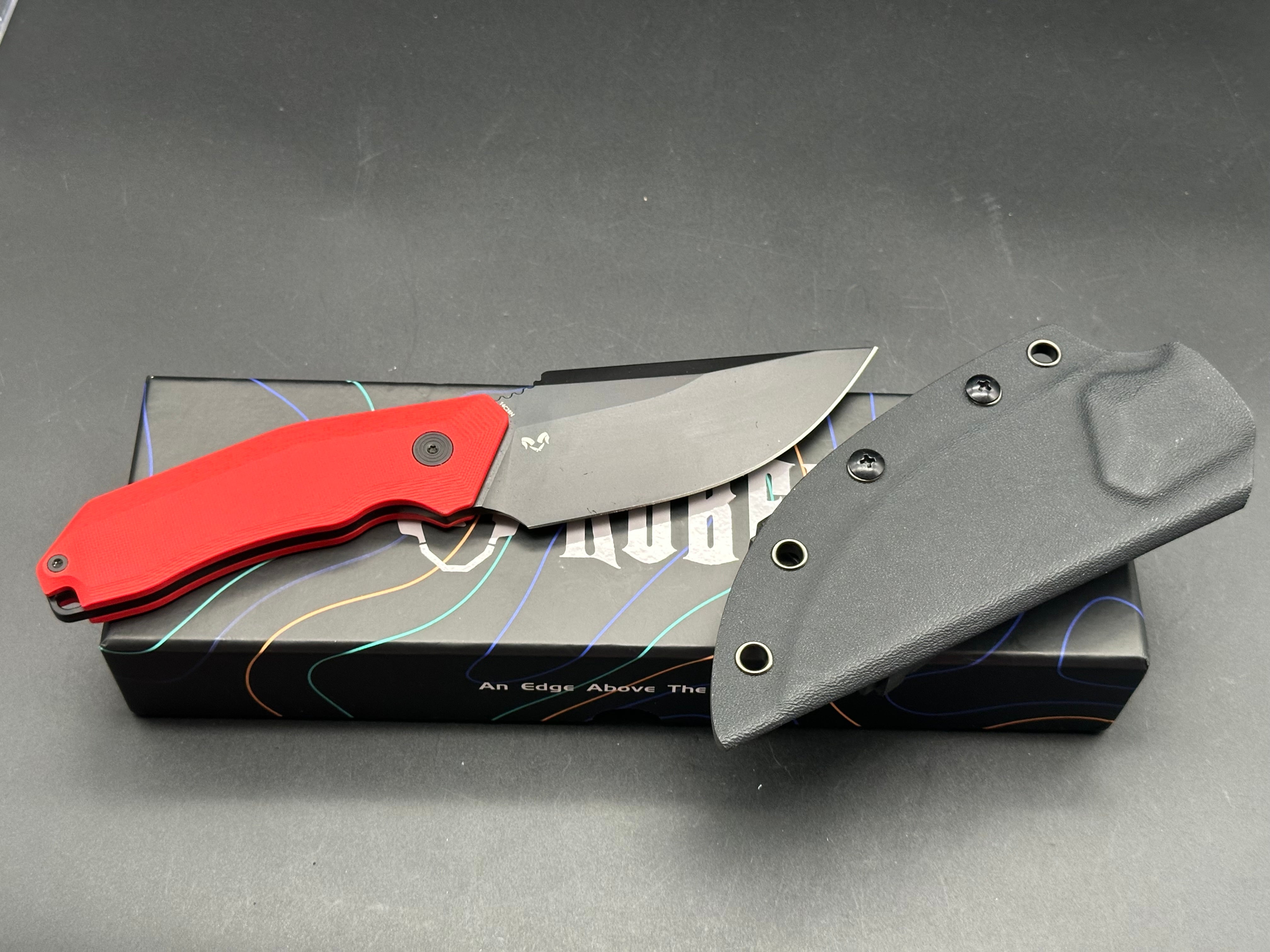 Kubey Basilisk Fixed Blade Knife Red G-10 Handle 4.06'' Blackwashed 14C28N Blade