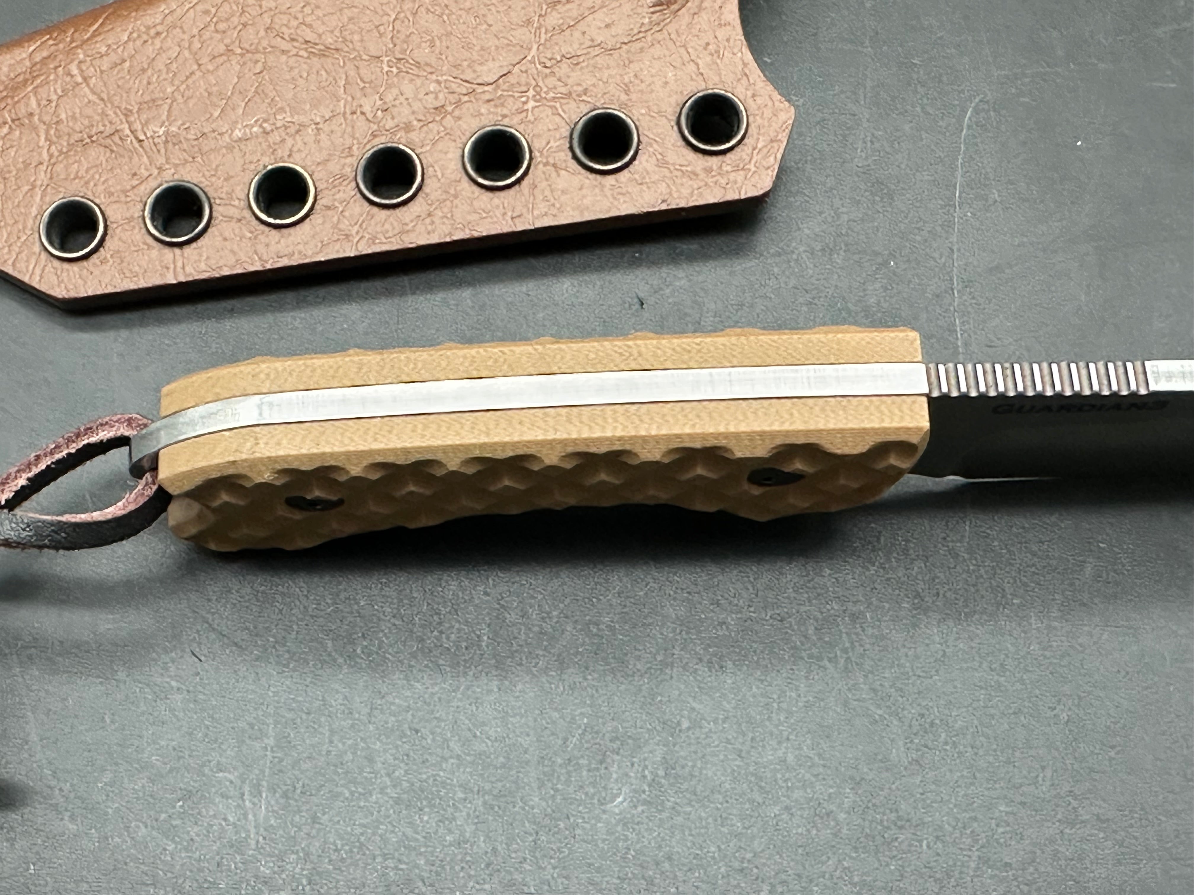Bradford Guardian 3 in CPM-3V with tan G-10 flat scales and custom kydex sheath