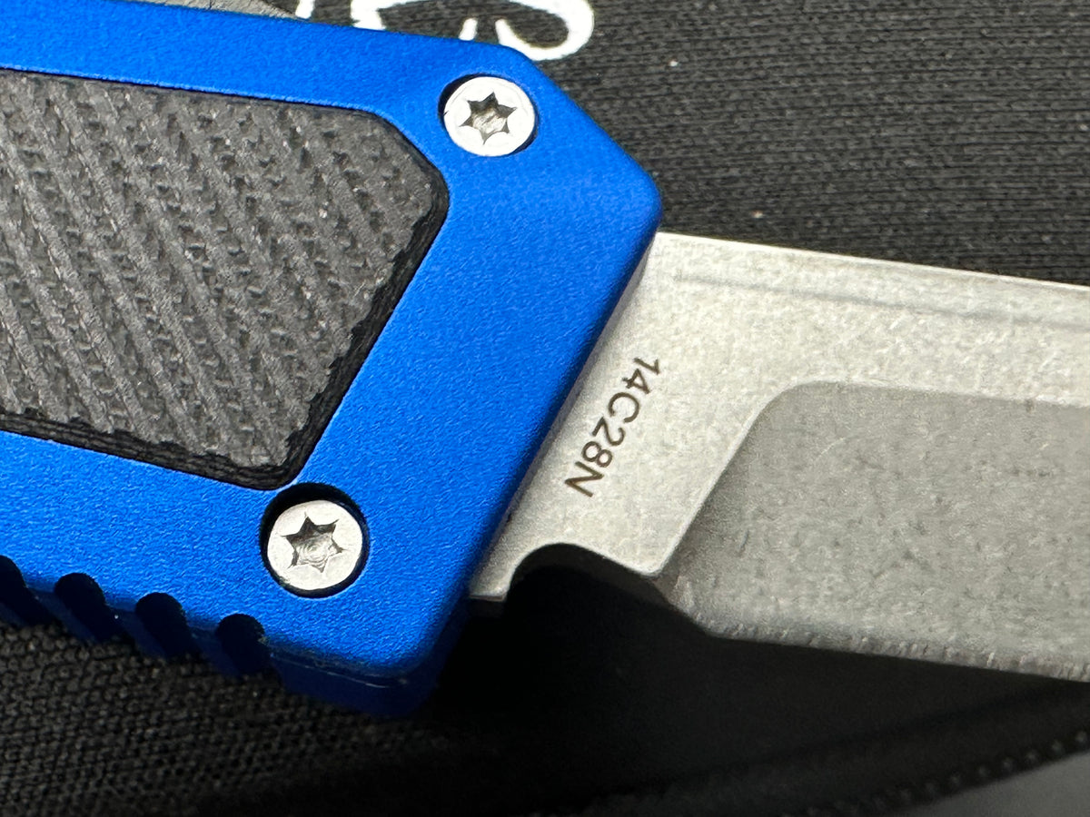 TacKnives OTF Knife Slugger blue aluminum handle/ 14c28n