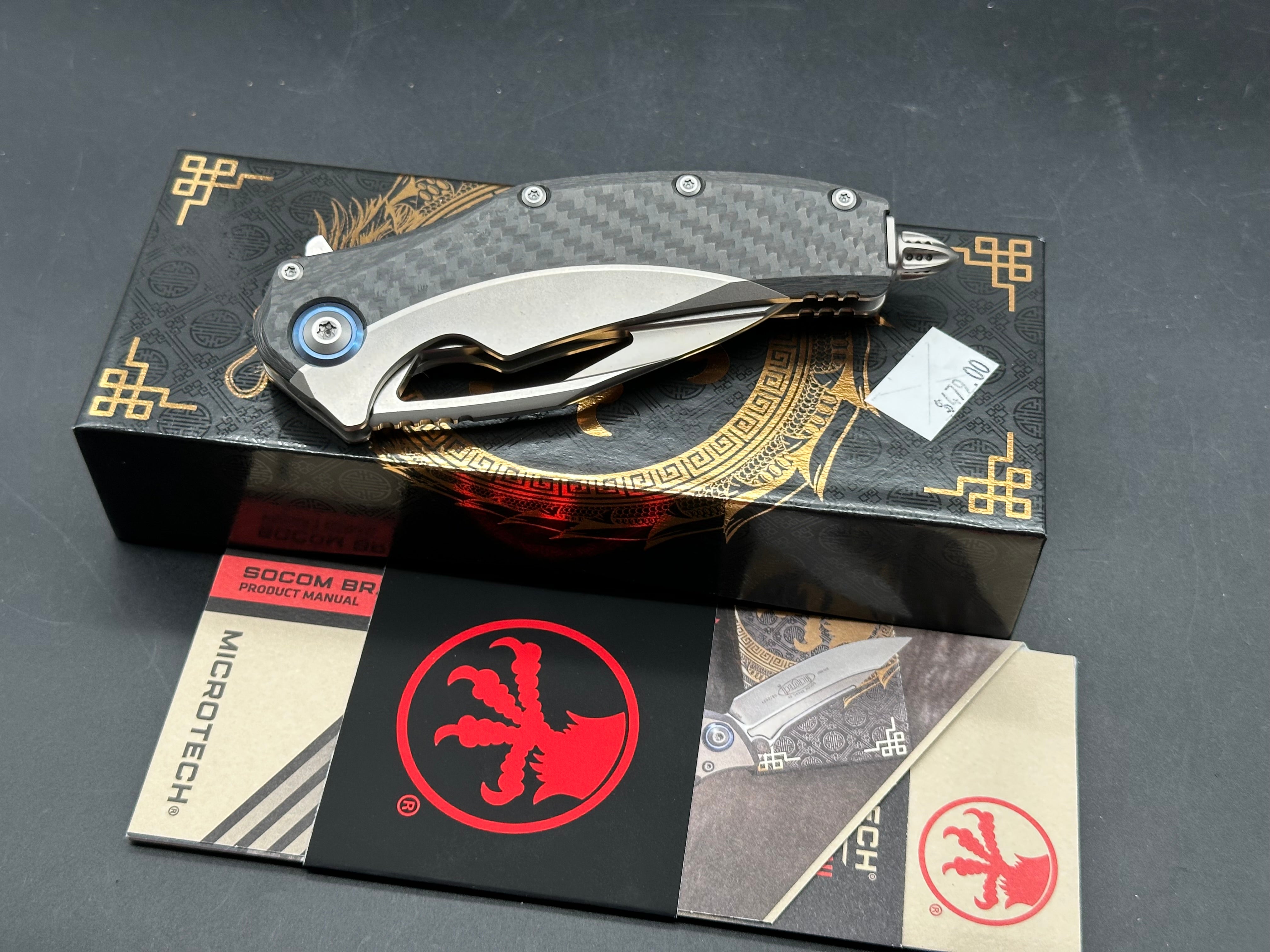 Microtech 165C-4CFTI Matrix - Carbon Fiber & Titanium - Blue Pivot Collar - Hand Rubbed Satin Blade