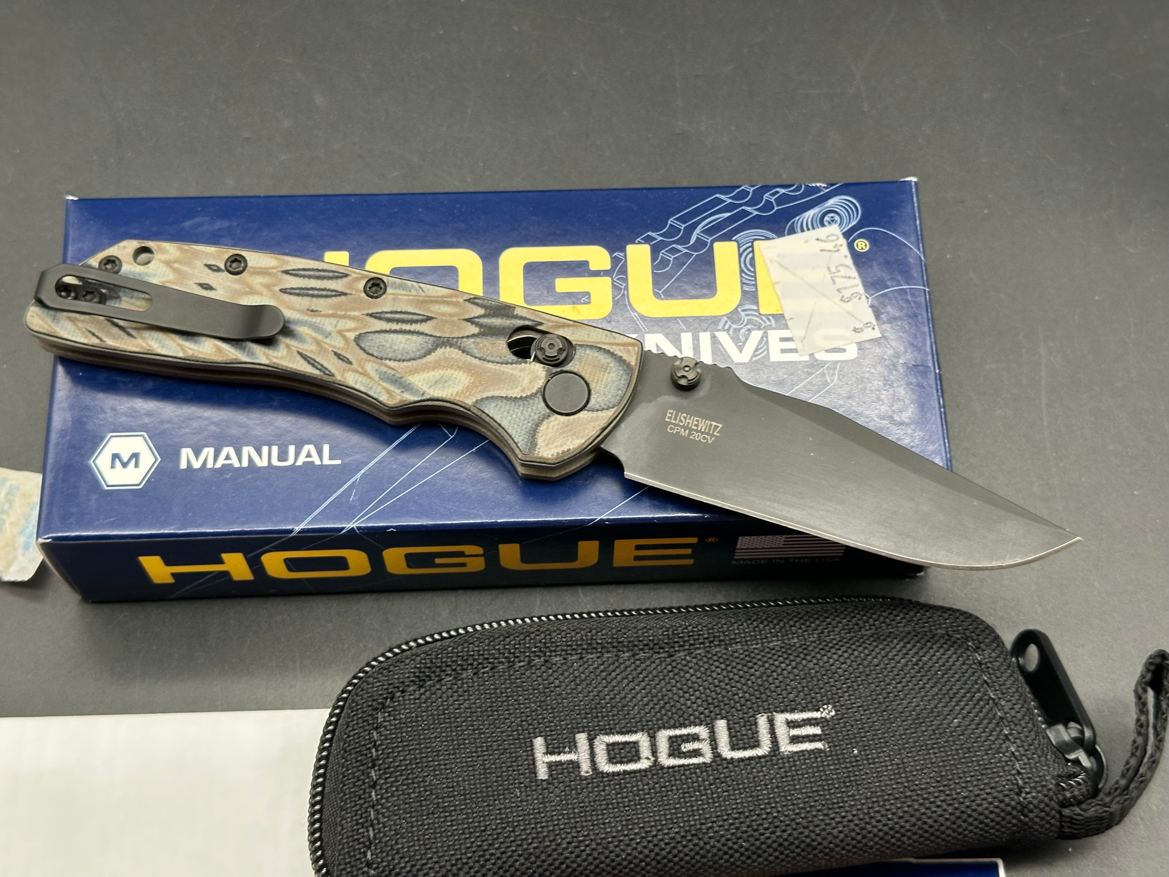Hogue Deka 3.25" CPM-20CV Black Cerakote Modified Wharncliffe Blade, G-Mascus FDE G10 Handles