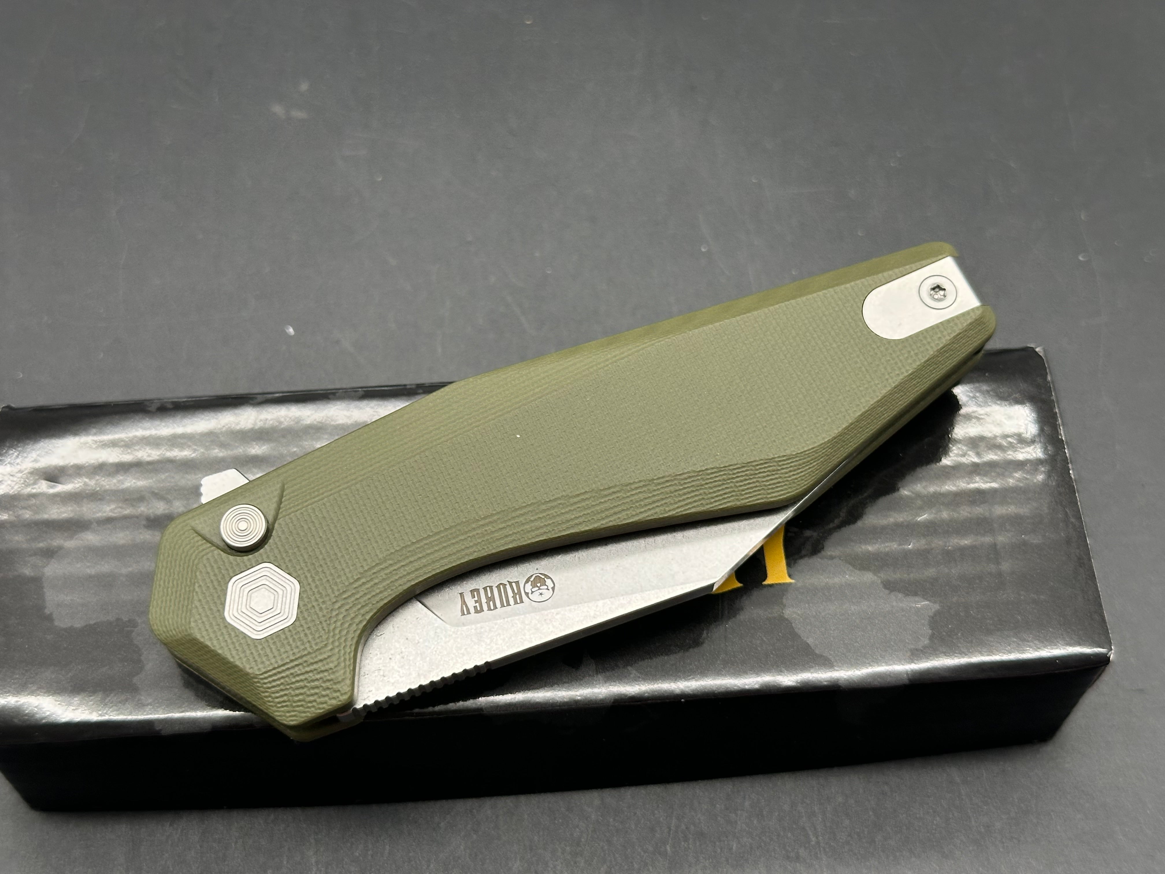 Kubey Fenrir Green G-10 Handle 3.27'' Stonewashed 14C28N Blade