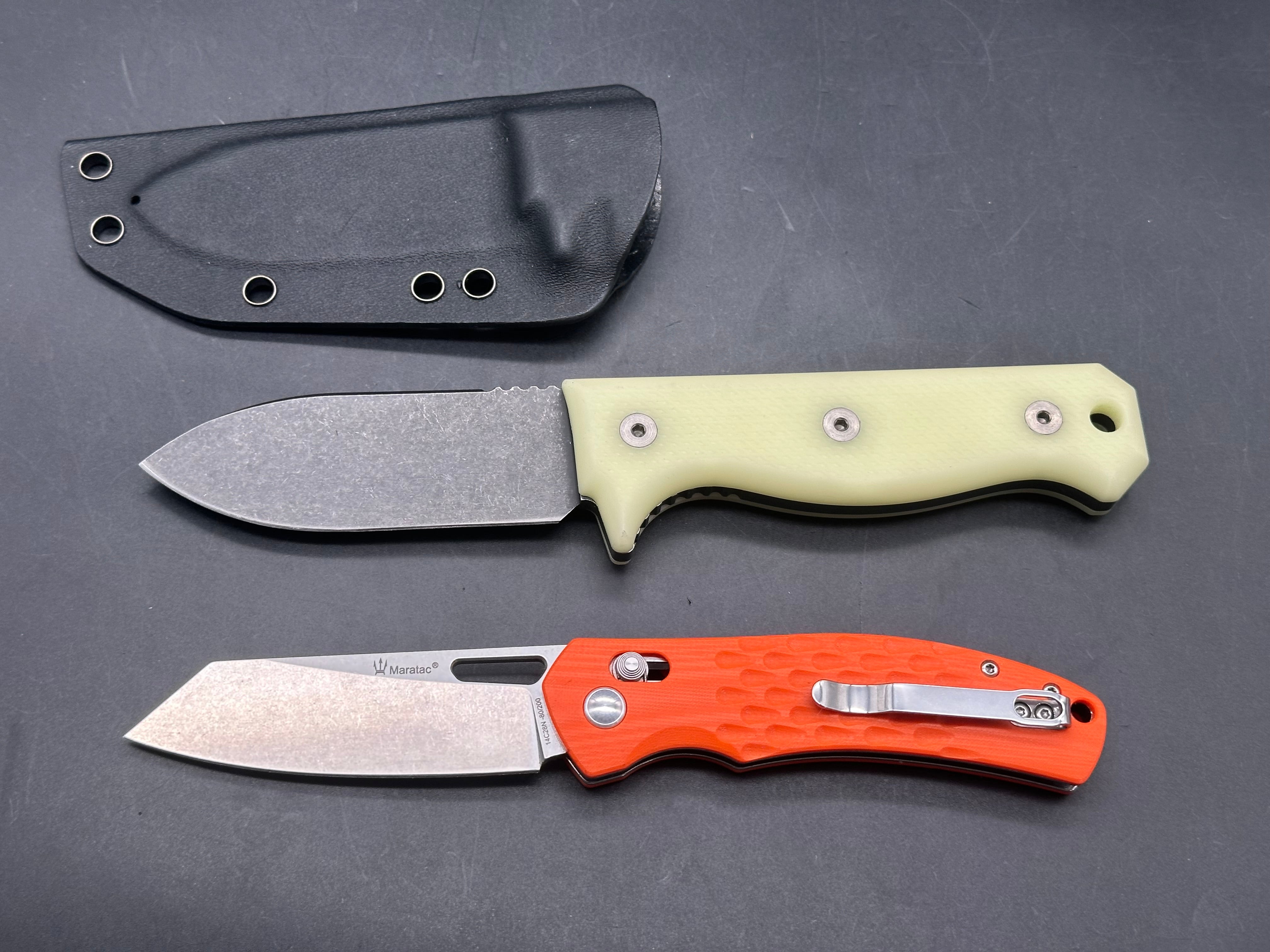 County Comm Combo R4A PRO D2 Fixed blade #375 of 500 with glow in the dark handles / Orange G-10 discontinued crossbar lock folder #80 of 200
