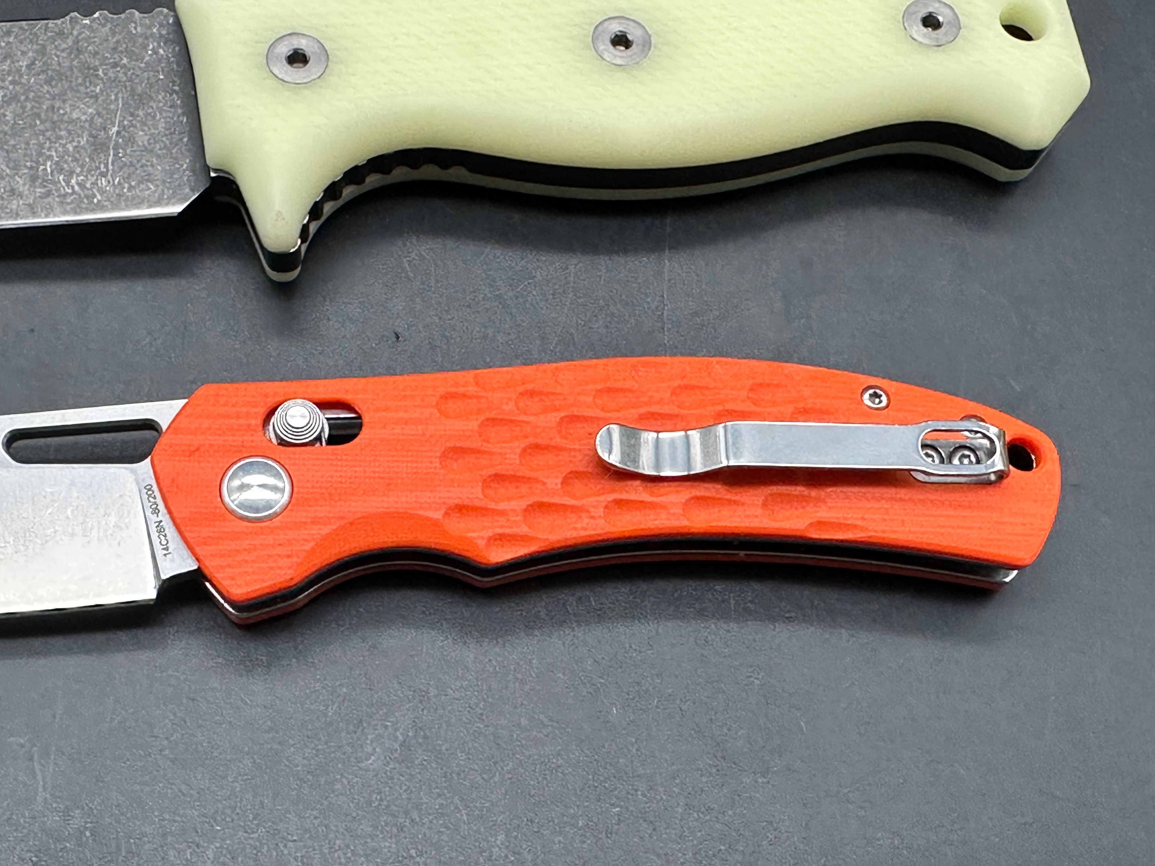County Comm Combo R4A PRO D2 Fixed blade #375 of 500 with glow in the dark handles / Orange G-10 discontinued crossbar lock folder #80 of 200