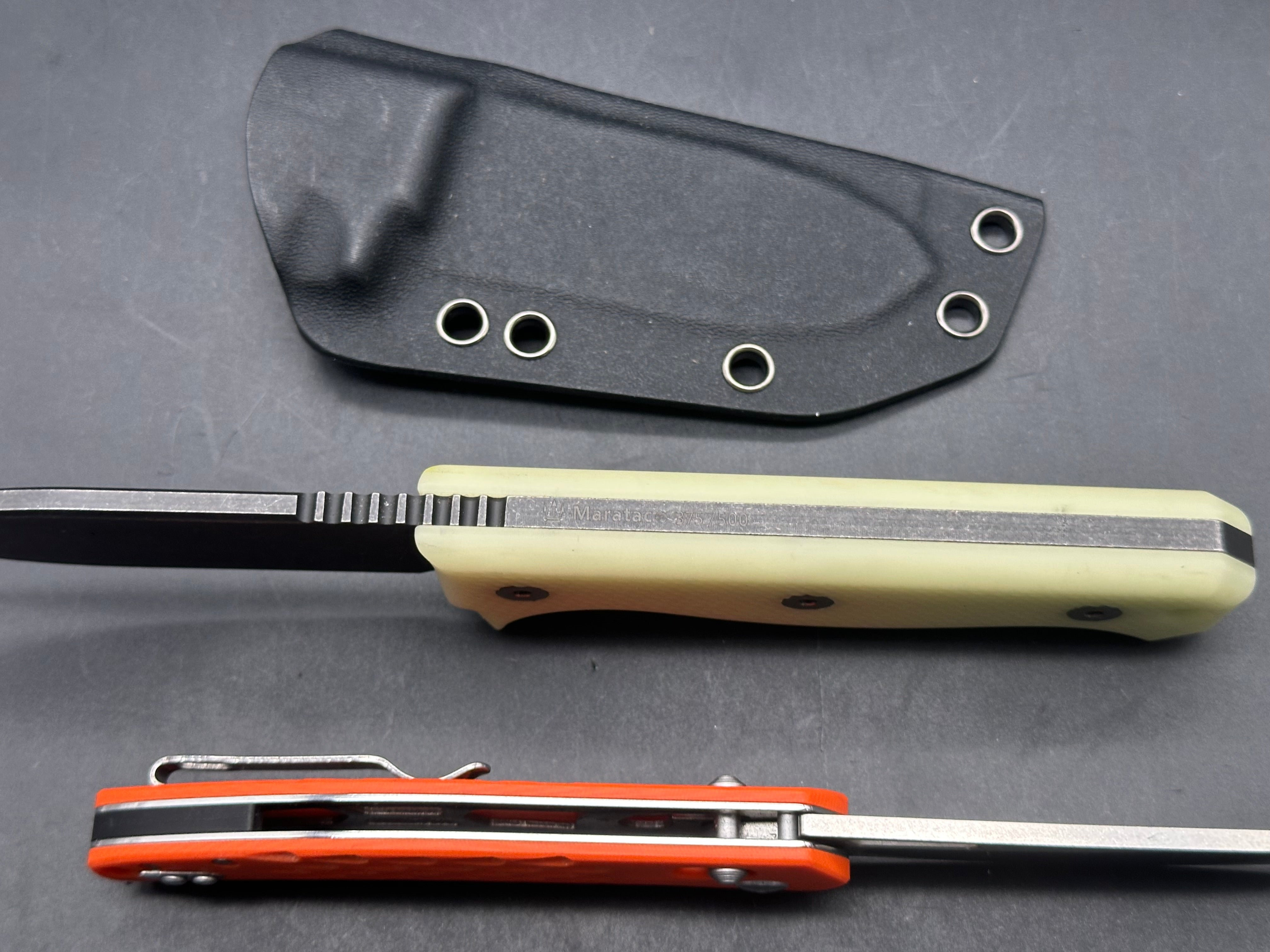County Comm Combo R4A PRO D2 Fixed blade #375 of 500 with glow in the dark handles / Orange G-10 discontinued crossbar lock folder #80 of 200