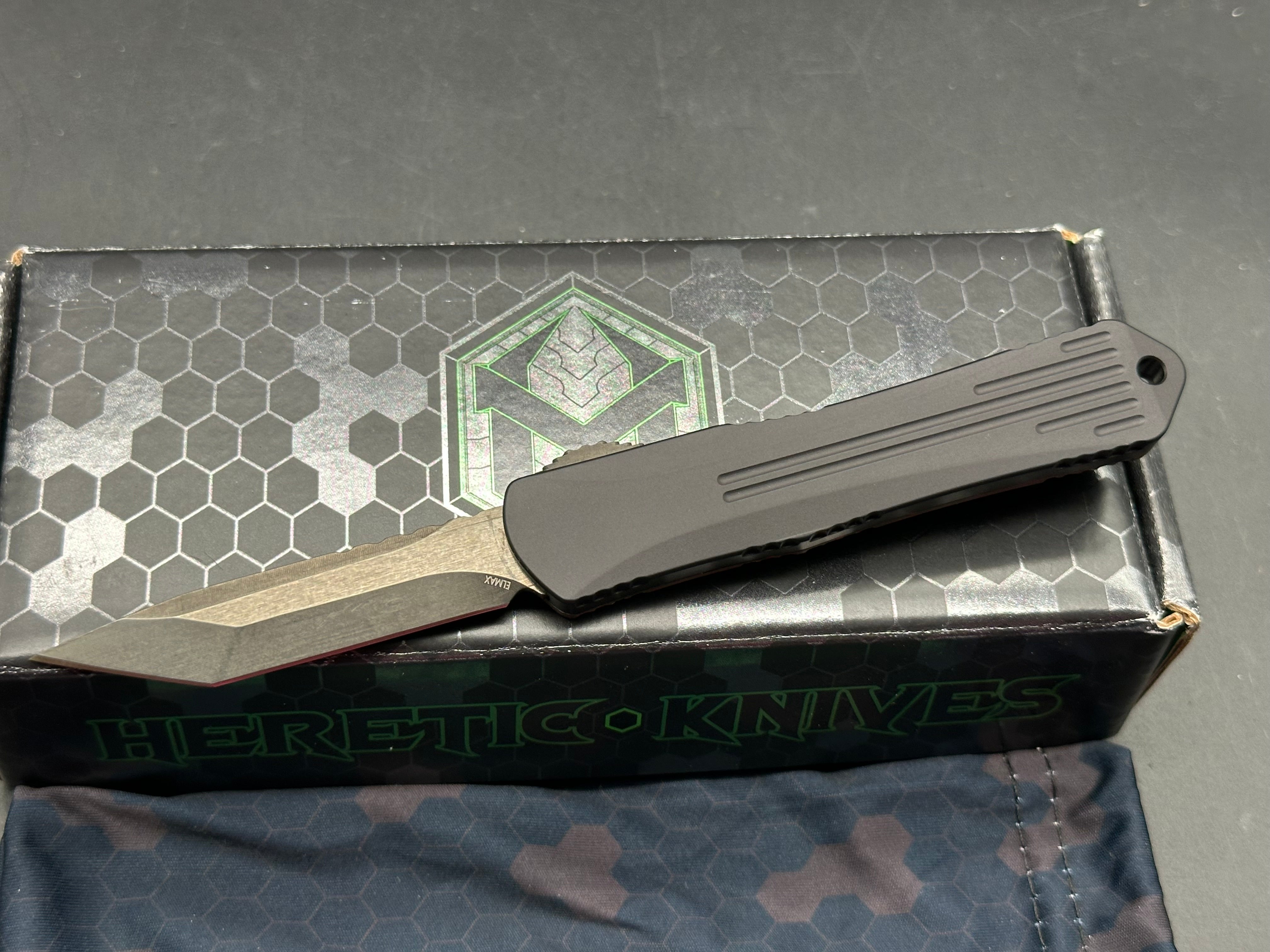 Heretic Knives Manticore-S Tanto DLC Elmax Orange Camo Carbon Fiber OTF Automatic