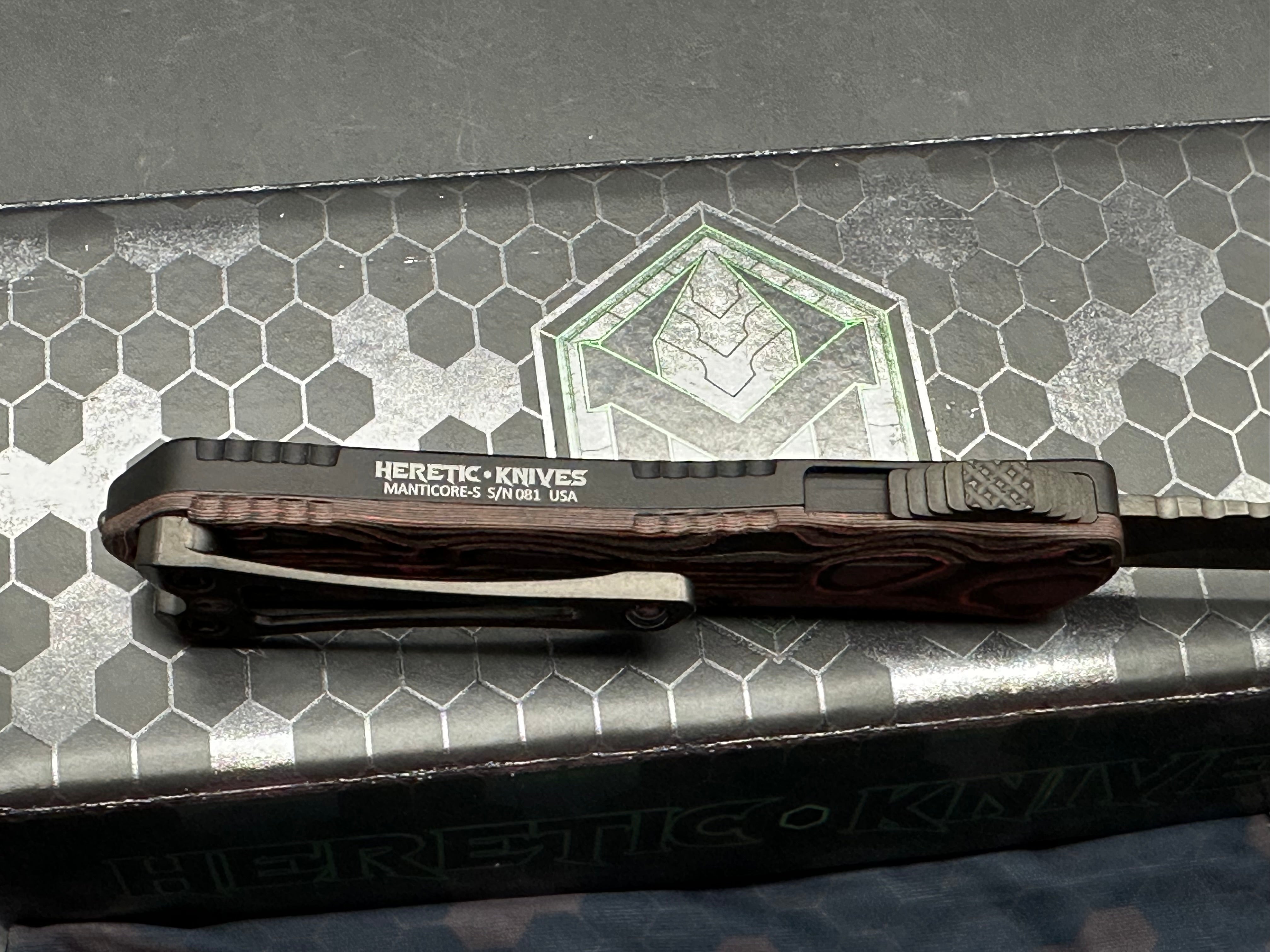 Heretic Knives Manticore-S Tanto DLC Elmax Orange Camo Carbon Fiber OTF Automatic