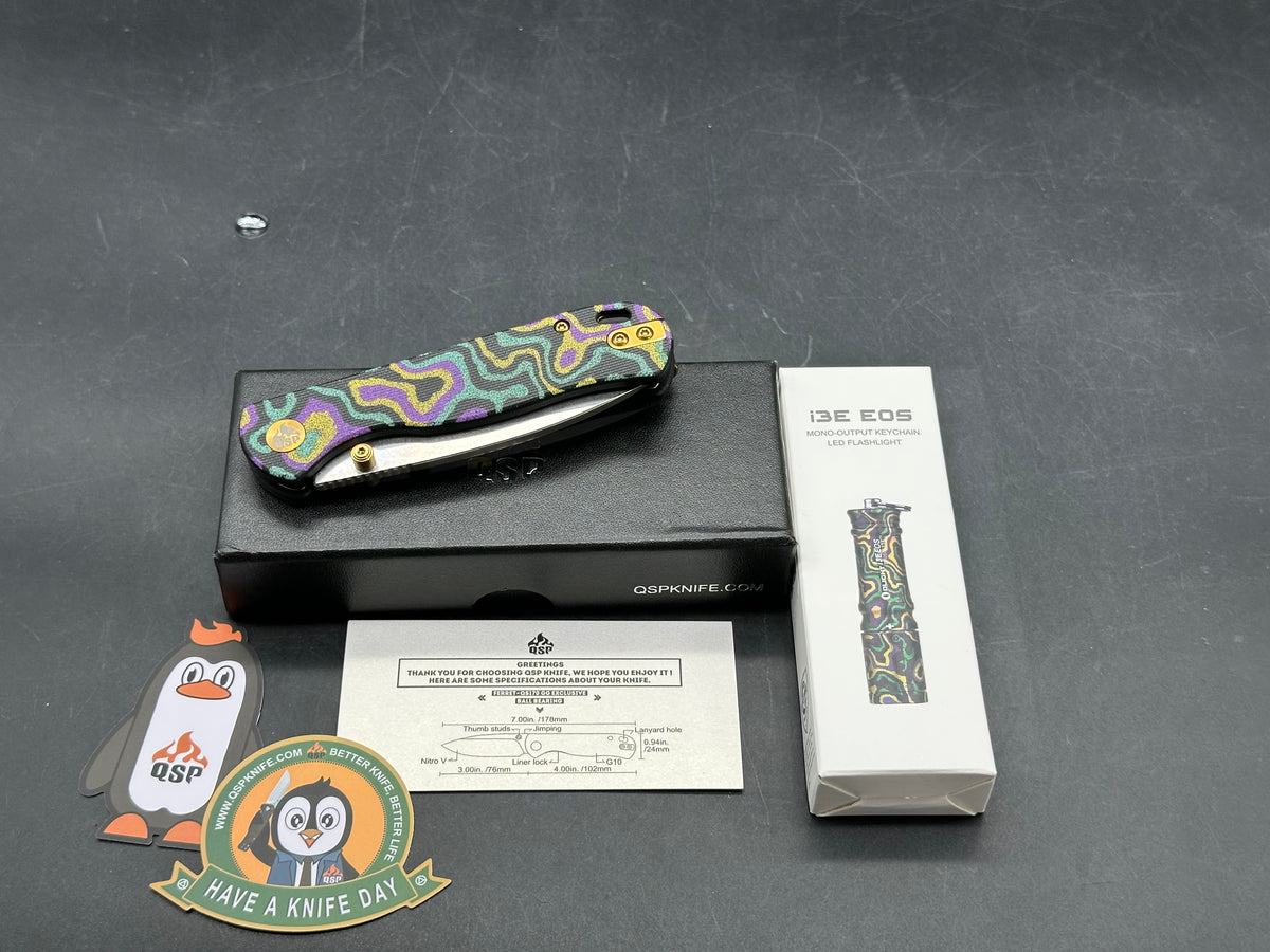 QSP Ferrett What Not Exclusive Mardi Gras  Nitro V blade & Matching 13E Olight