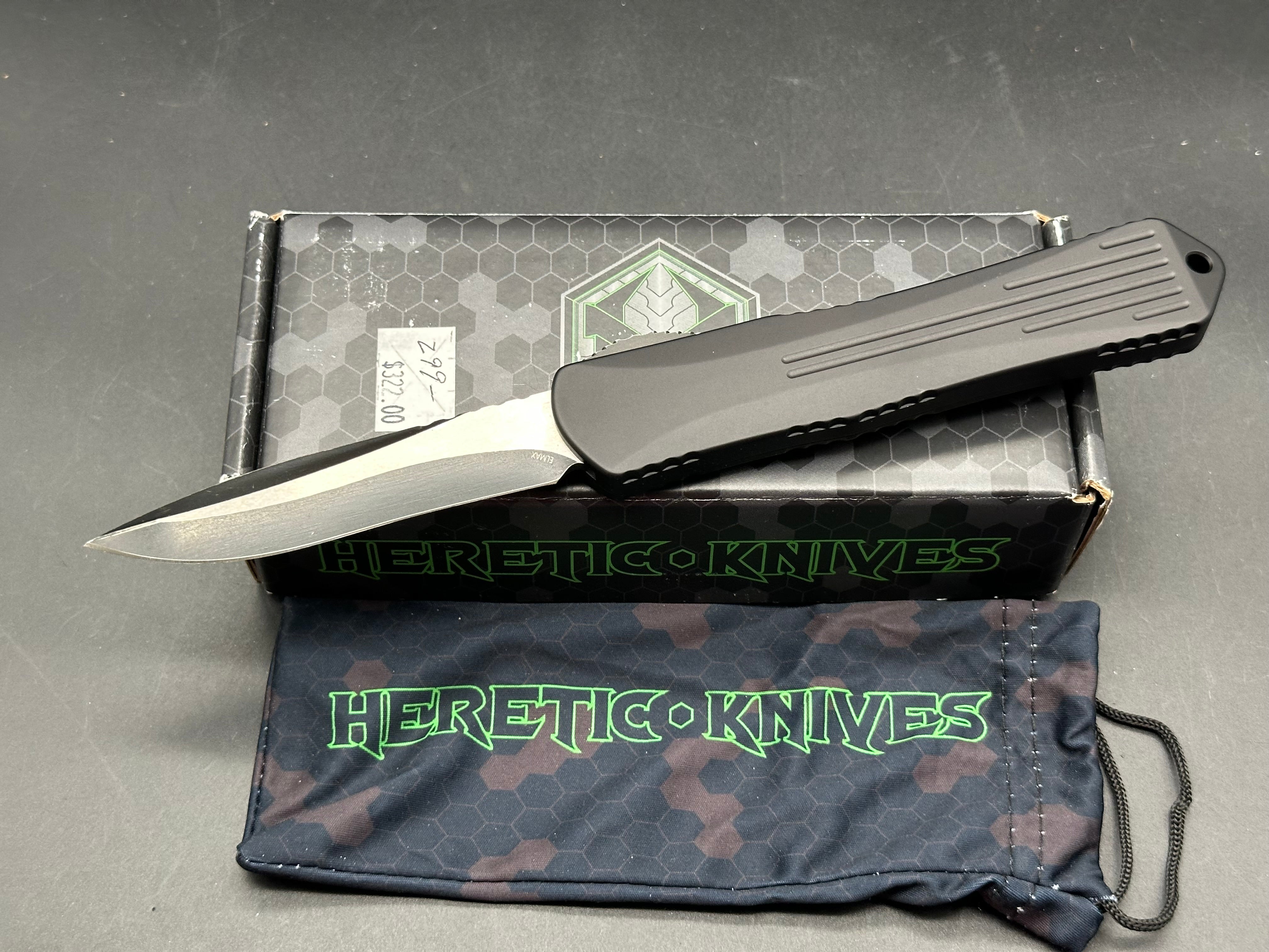 Heretic Knives Manticore-X Recurve Battleworn Black Elmax OTF Automatic