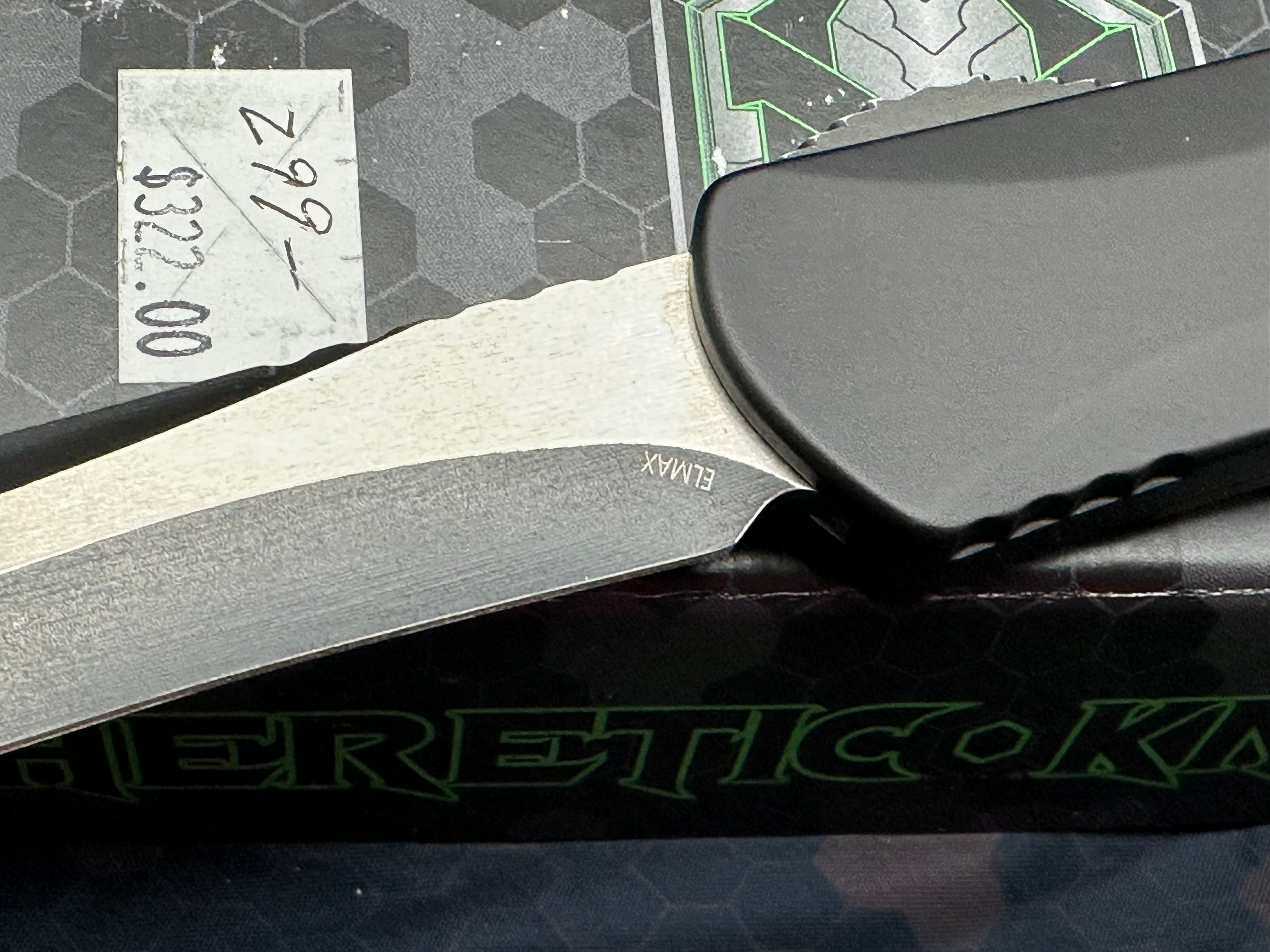 Heretic Knives Manticore-X Recurve Battleworn Black Elmax OTF Automatic