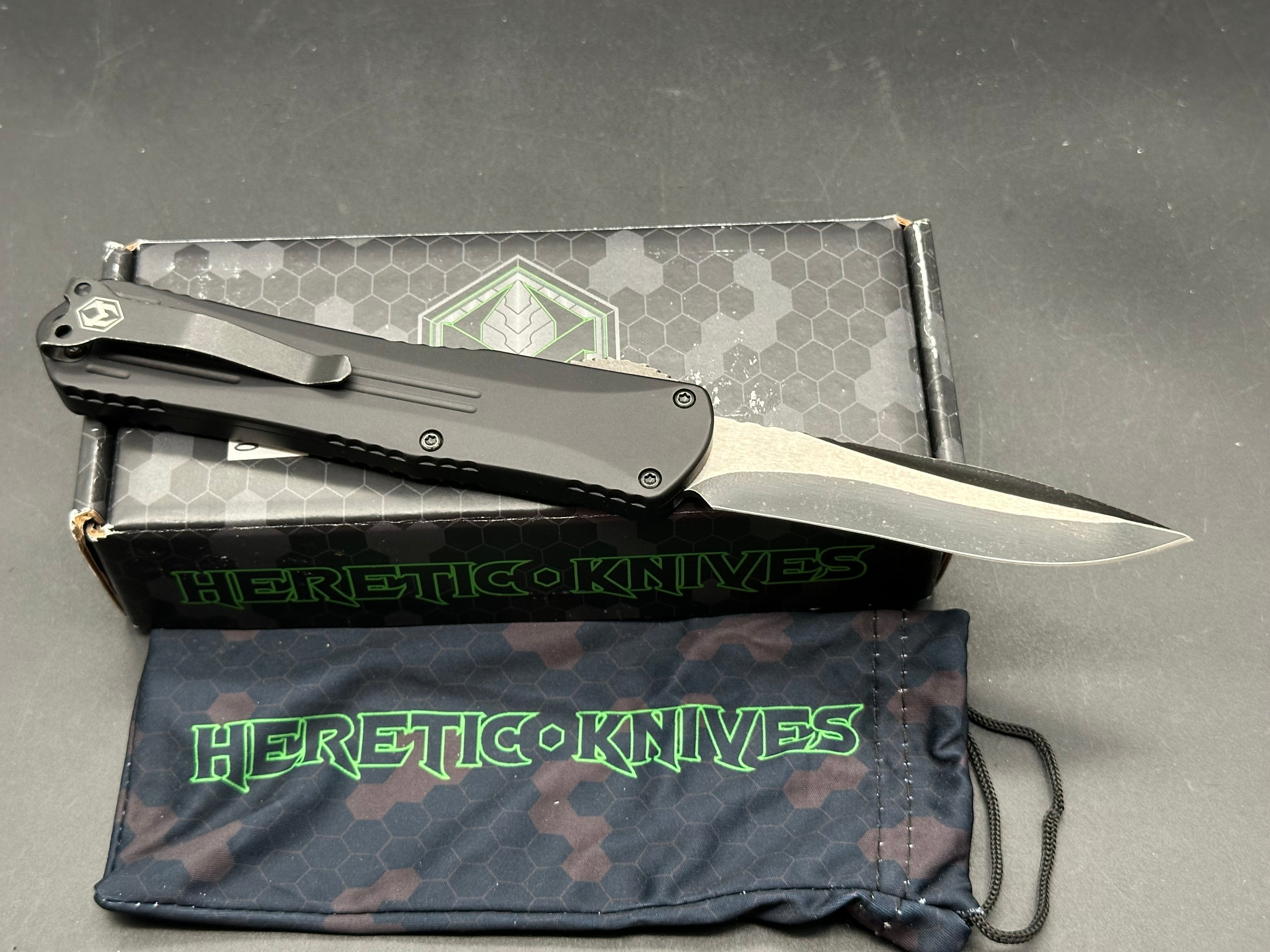 Heretic Knives Manticore-X Recurve Battleworn Black Elmax OTF Automatic