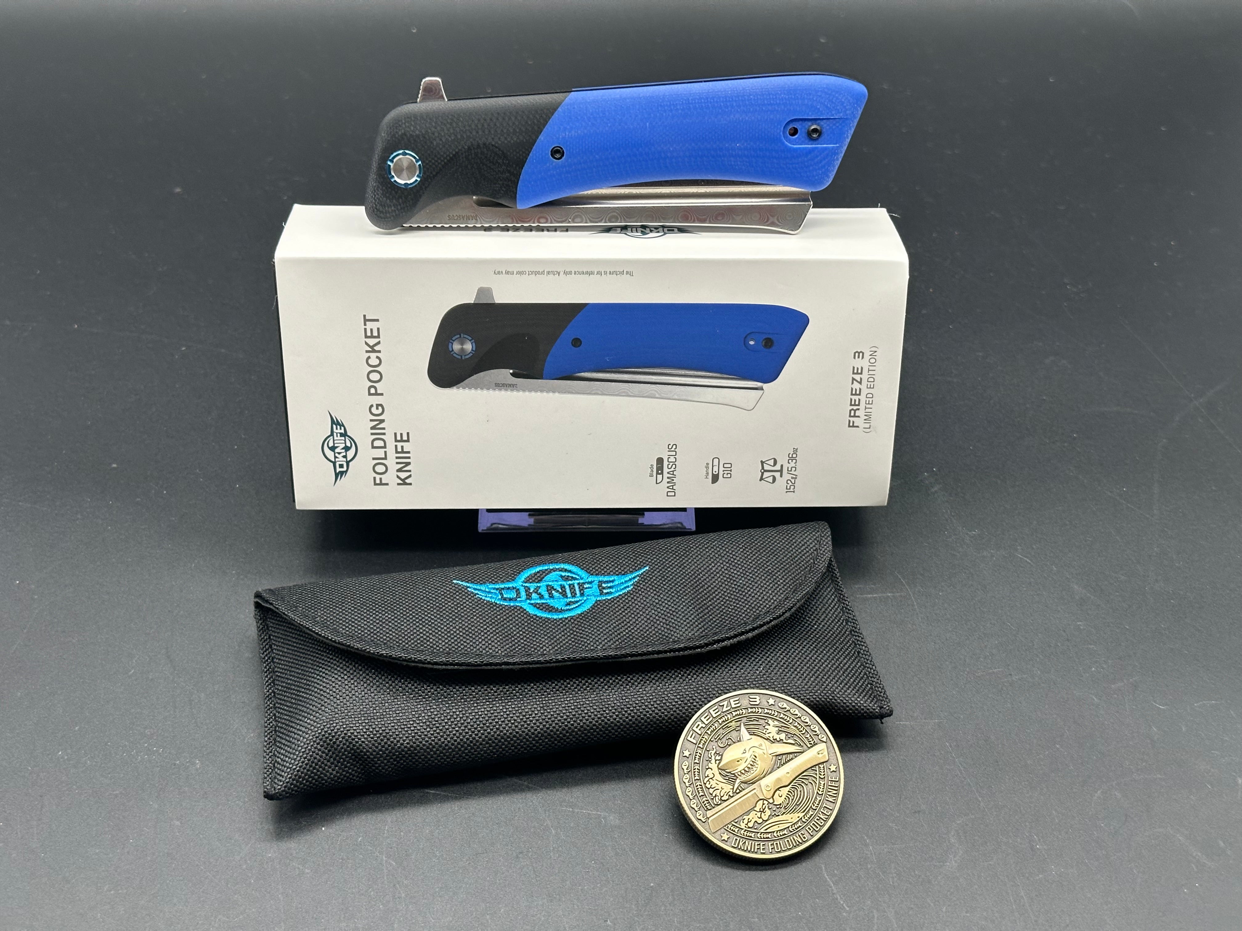 Olight Freeze 3 Liner Lock Knife blue G-10 (3.9" Damascus)