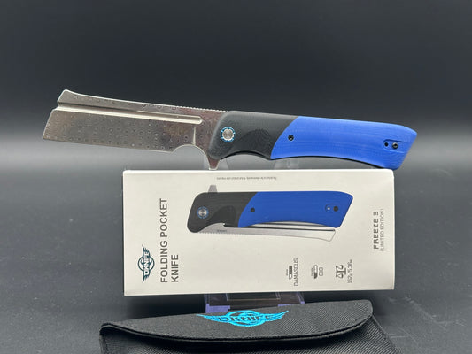 Olight Freeze 3 Liner Lock Knife blue G-10 (3.9" Damascus)