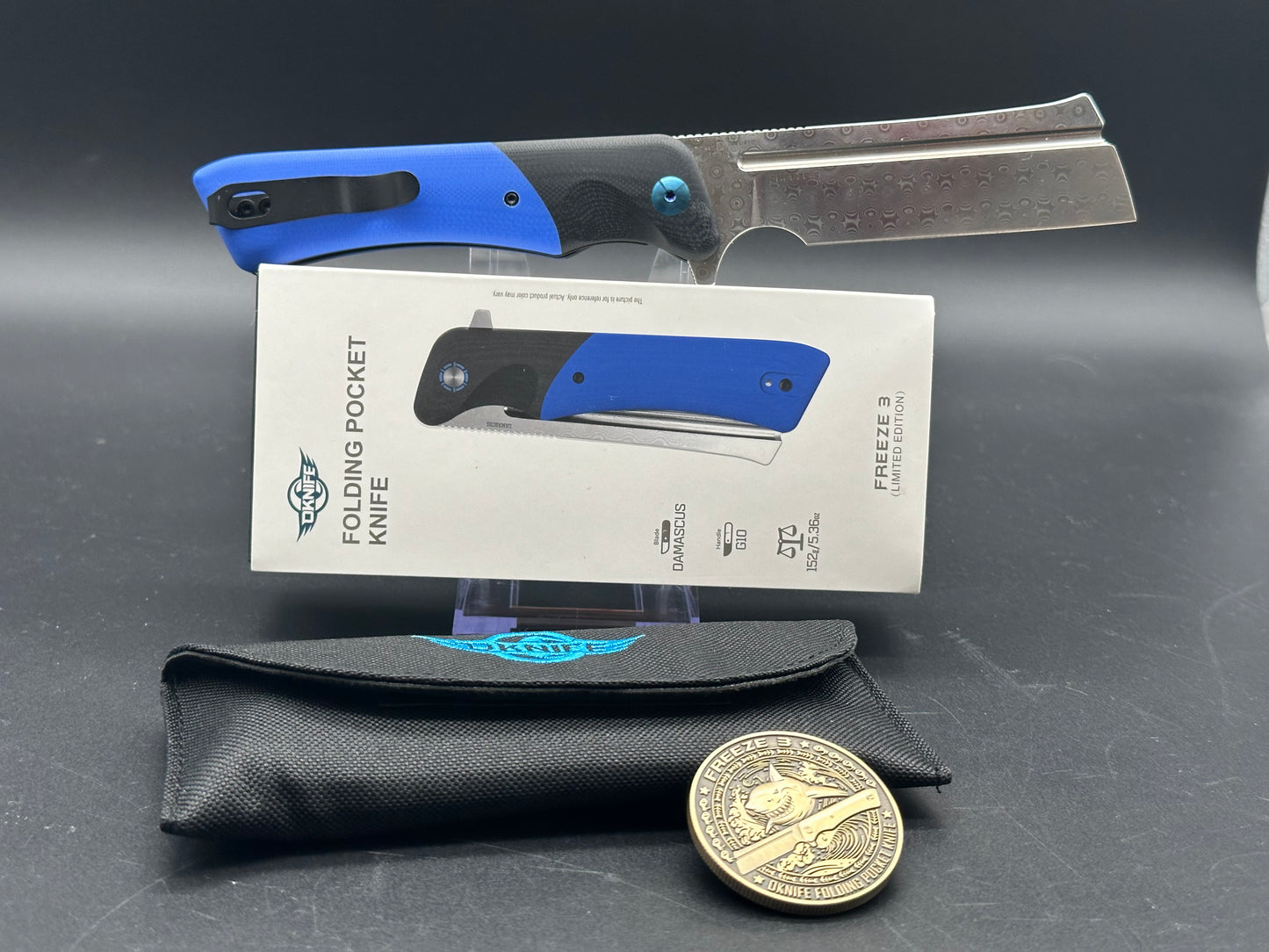 Olight Freeze 3 Liner Lock Knife blue G-10 (3.9" Damascus)