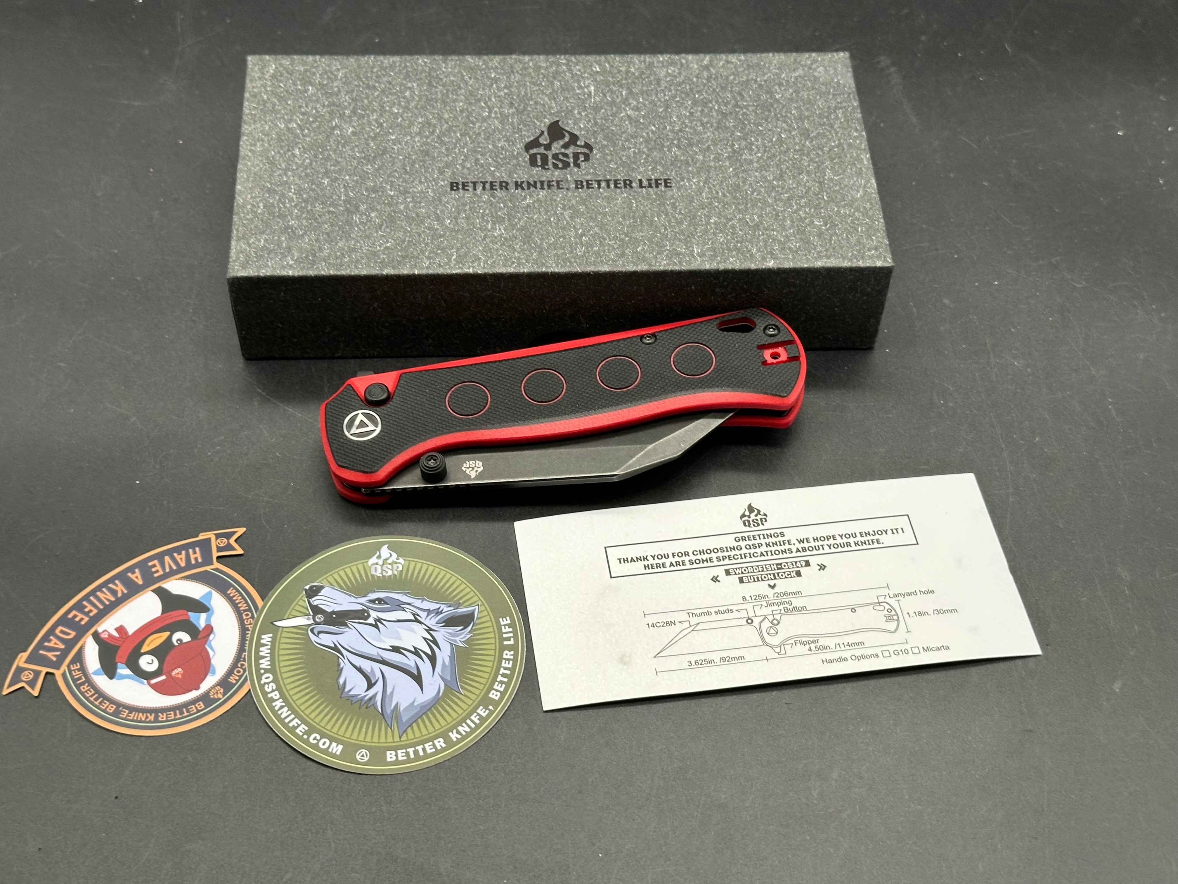 QSP Swordfish Button Lock Knife Black/Red G-10 (3.625" BW)