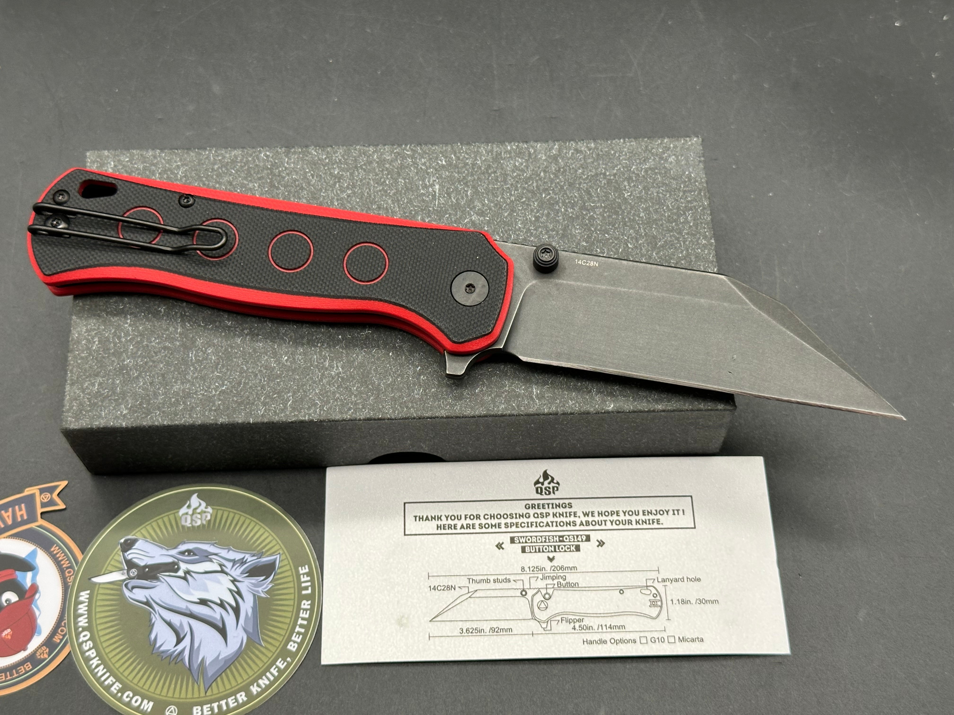 QSP Swordfish Button Lock Knife Black/Red G-10 (3.625" BW)