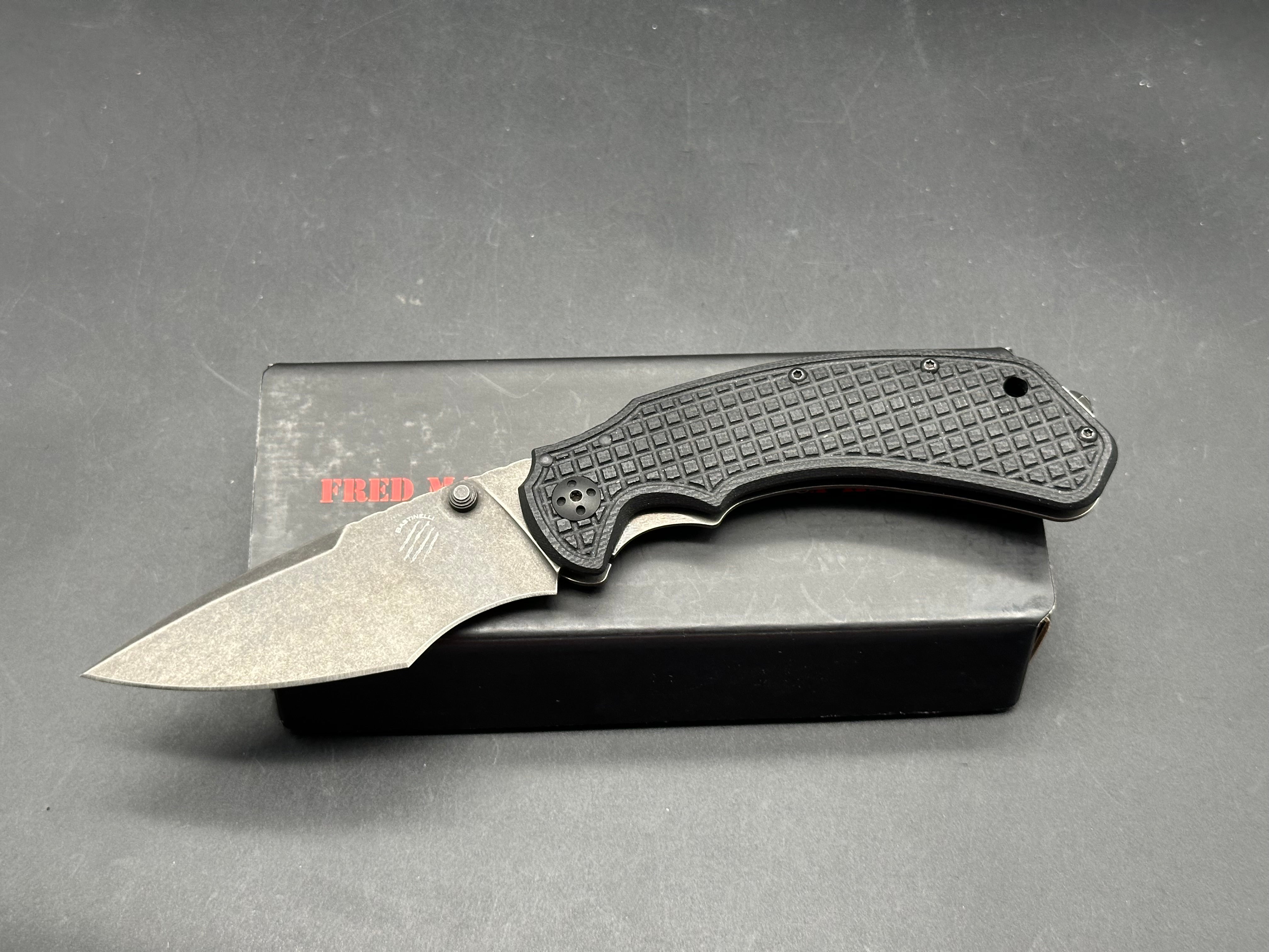 Bastinelli Creations Alpha 1 Folding Knife 3.75" M390 Black PVD Stonewashed Recurve Blade, 3D Milled G10 and Titanium Handles, Frame Lock