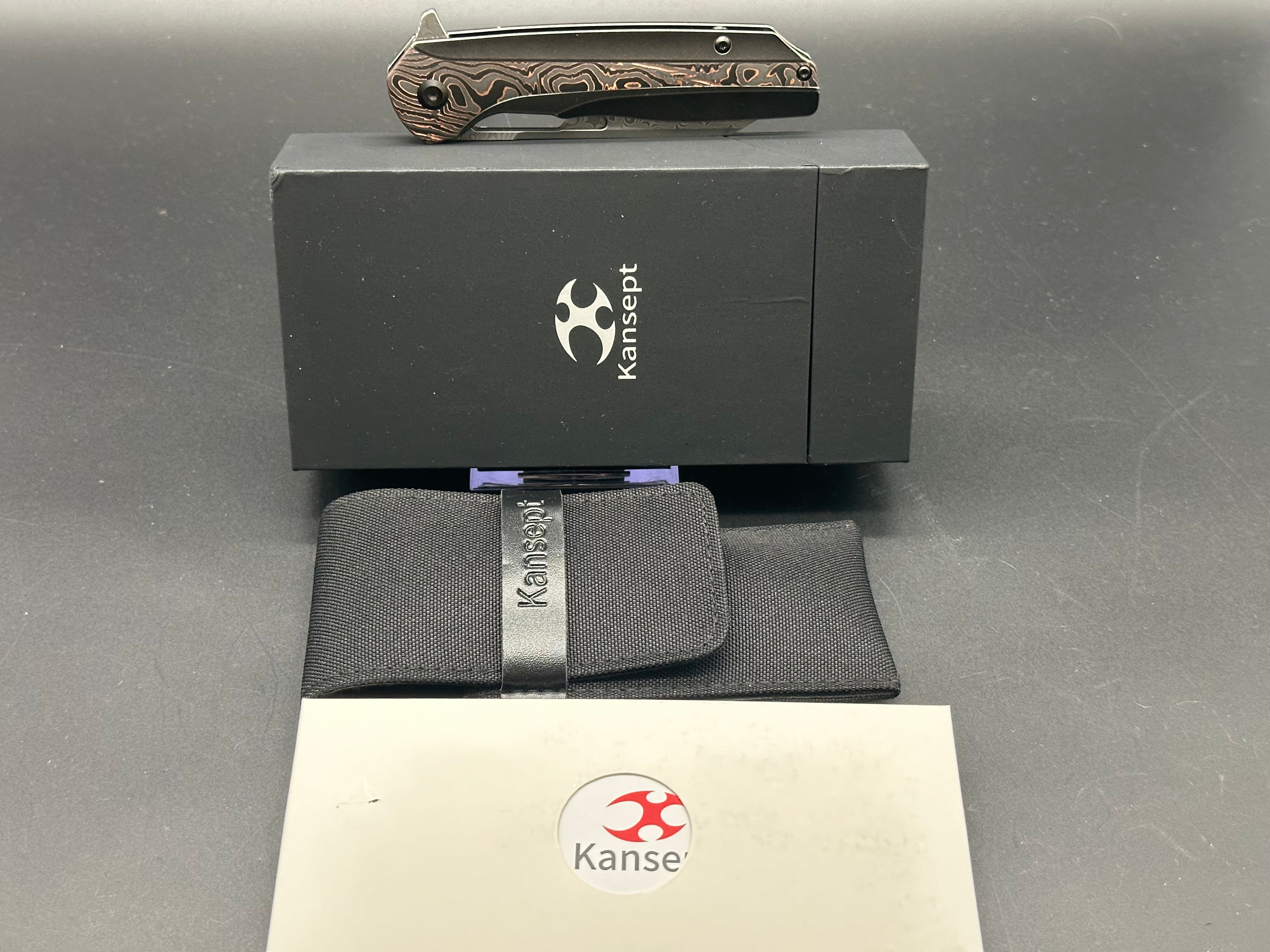 Kansept Knives Shard Frame Lock Knife Black SW Ti + Copper CF (3.5" Damascus)