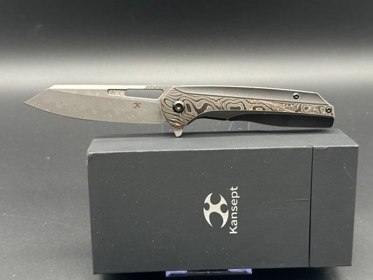 Kansept Knives Shard Frame Lock Knife Black SW Ti + Copper CF (3.5" Damascus)