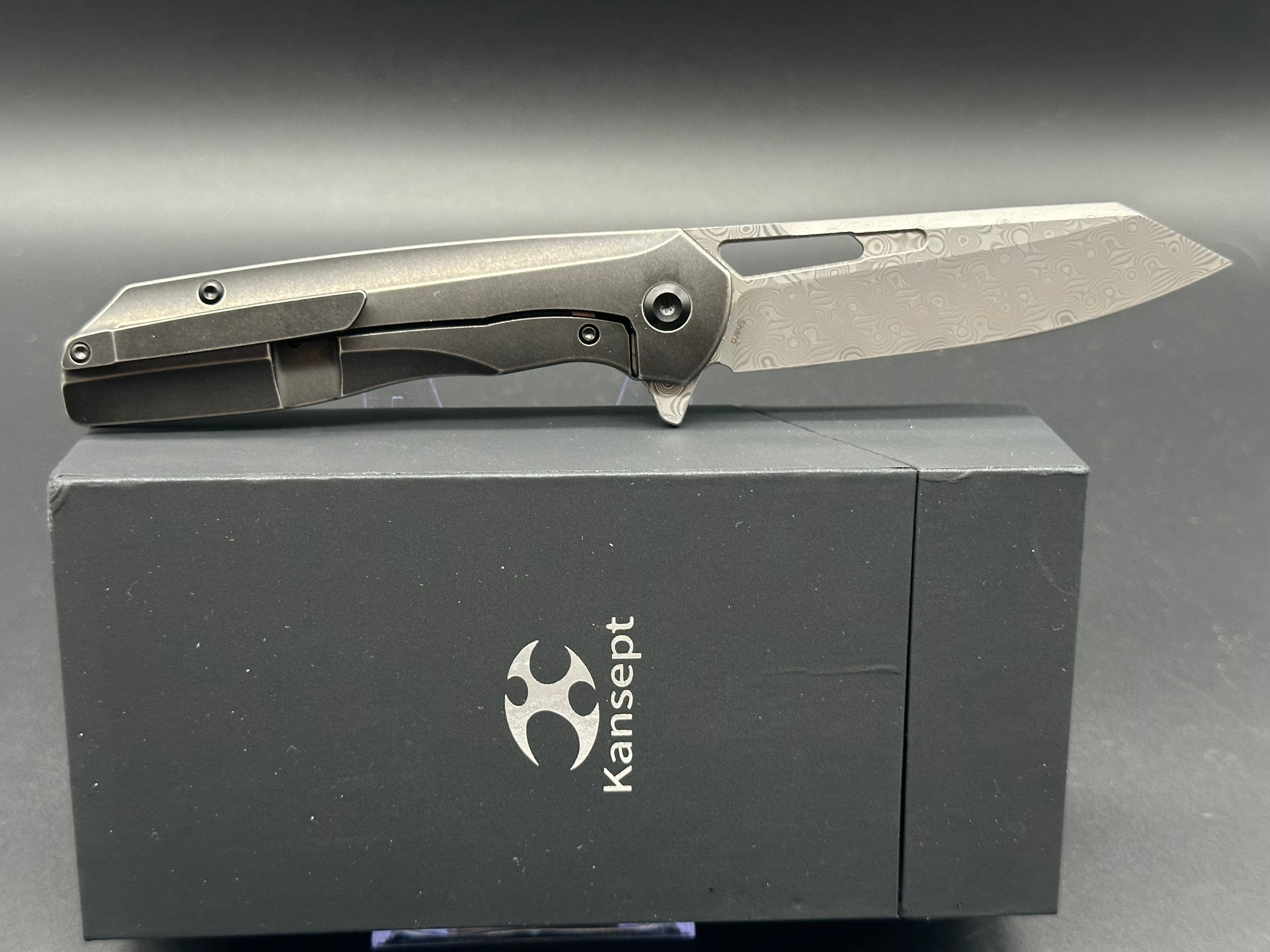 Kansept Knives Shard Frame Lock Knife Black SW Ti + Copper CF (3.5" Damascus)