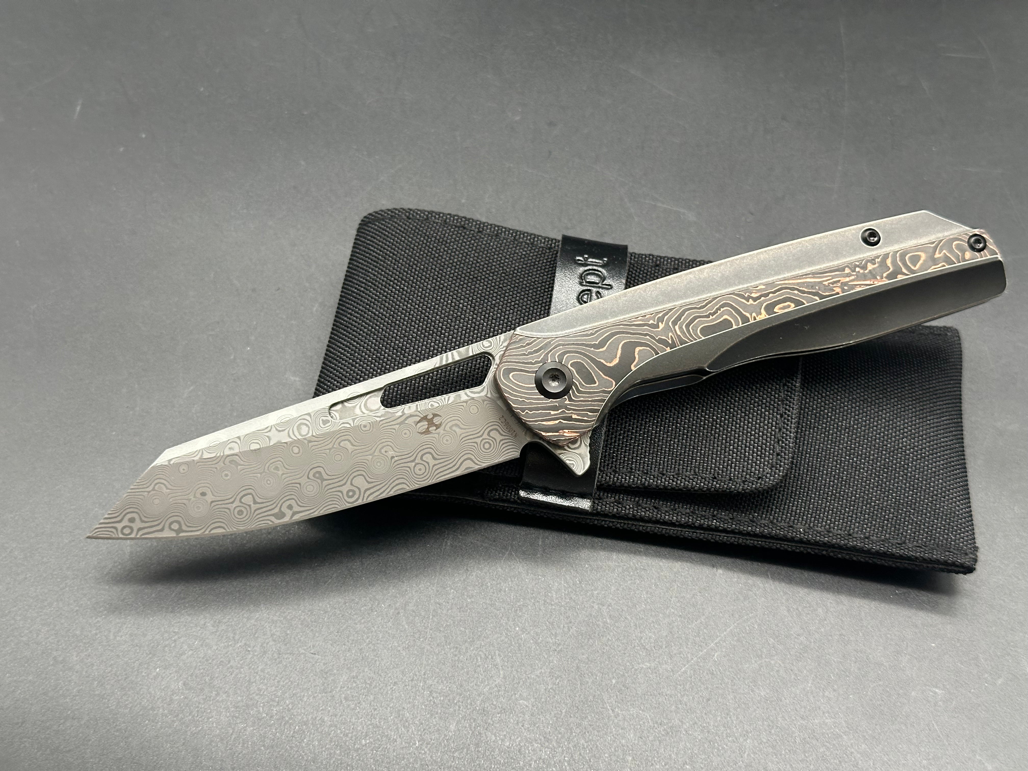 Kansept Knives Shard Frame Lock Knife Black SW Ti + Copper CF (3.5" Damascus)