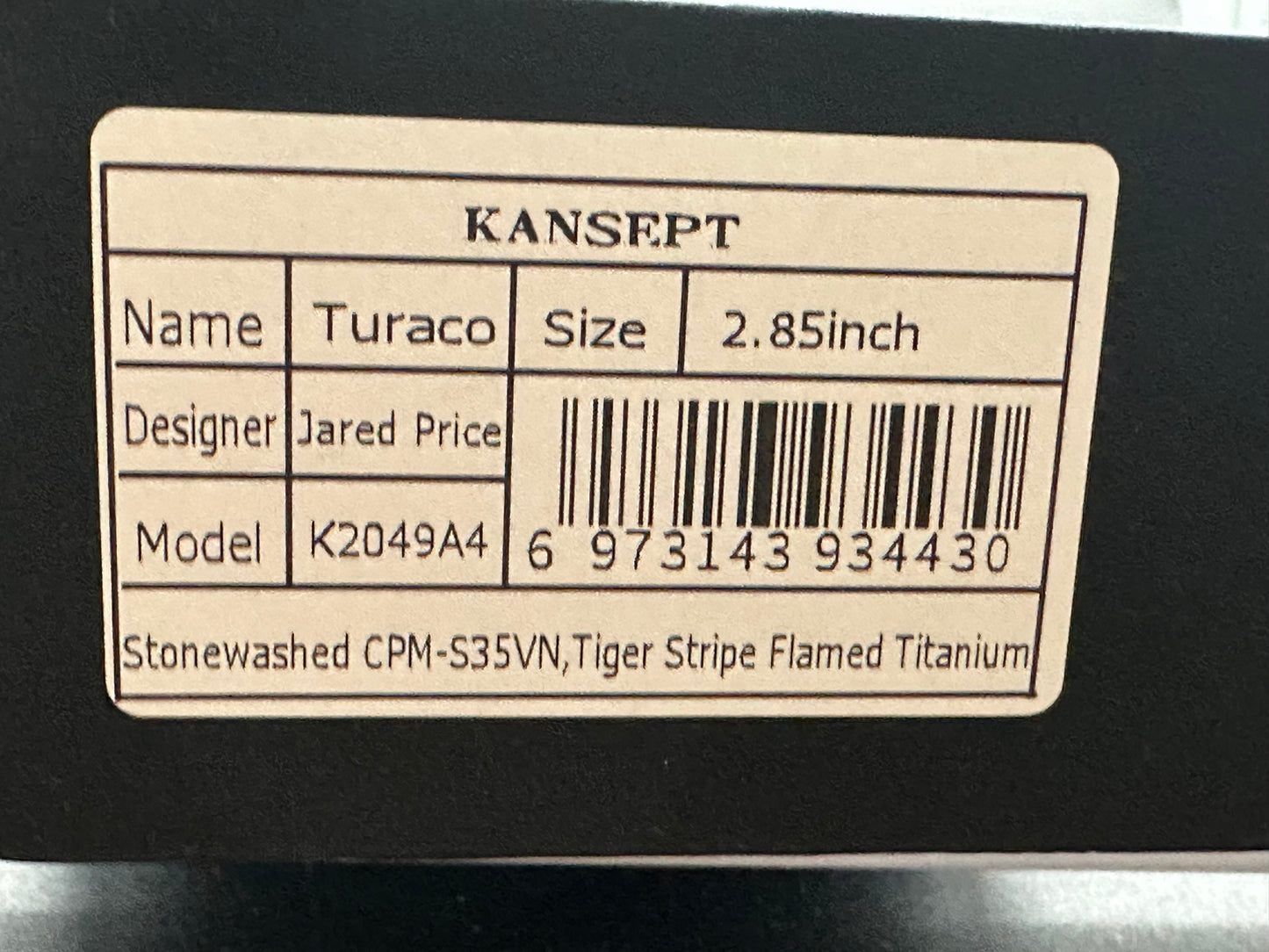 Kansept Knives Turaco Frame Lock Knife Tiger Stripe Flamed Titanium (2.8" SW)