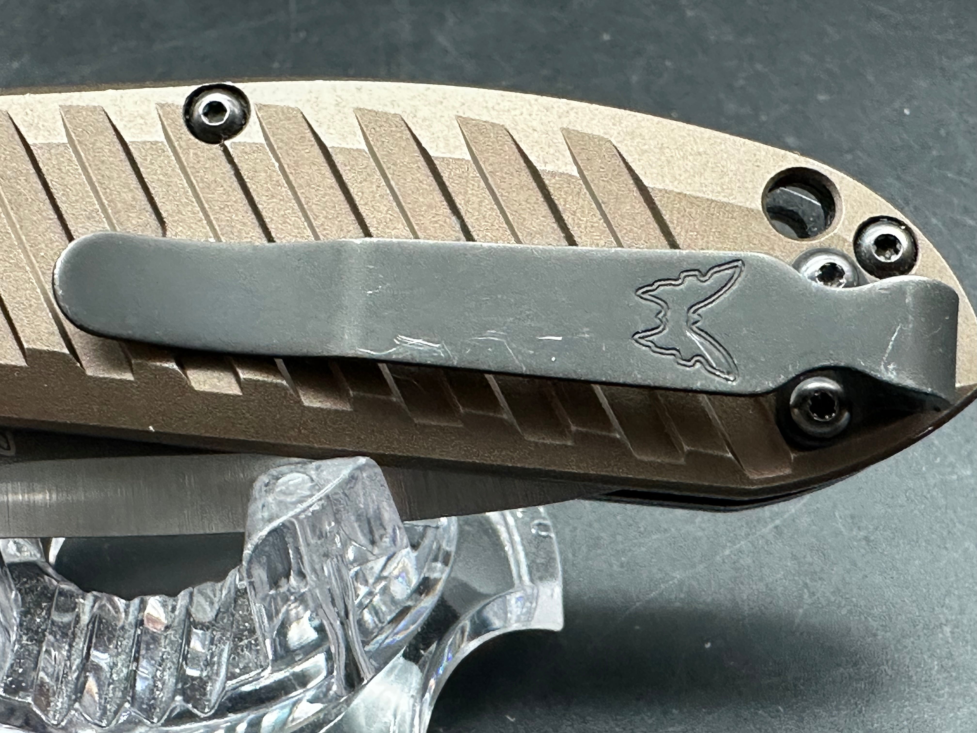 Benchmade Mini Presdio Shot Show Edition M4 Bronze aluminum scales, BGM Knives hollow regrind