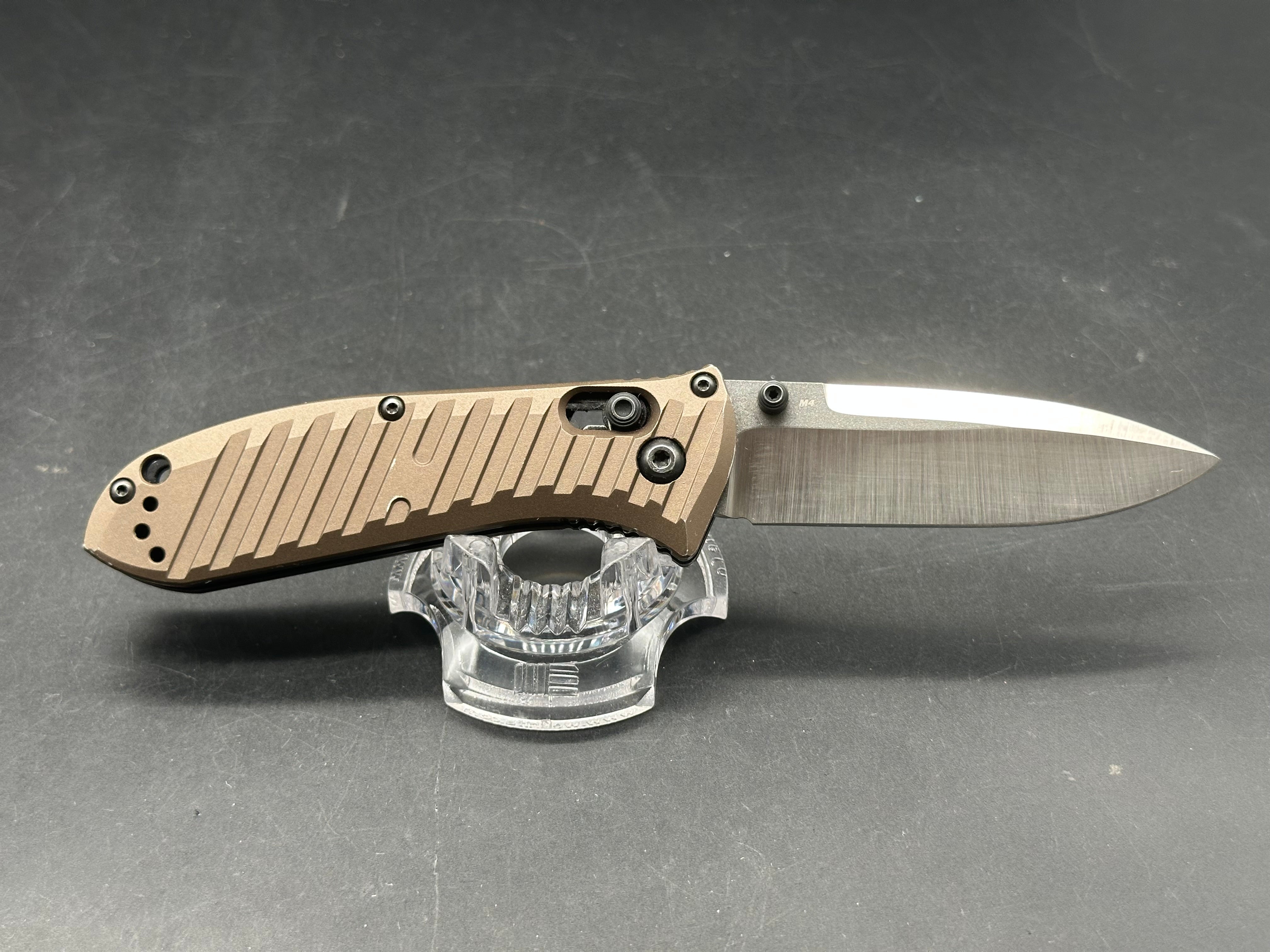 Benchmade Mini Presdio Shot Show Edition M4 Bronze aluminum scales, BGM Knives hollow regrind