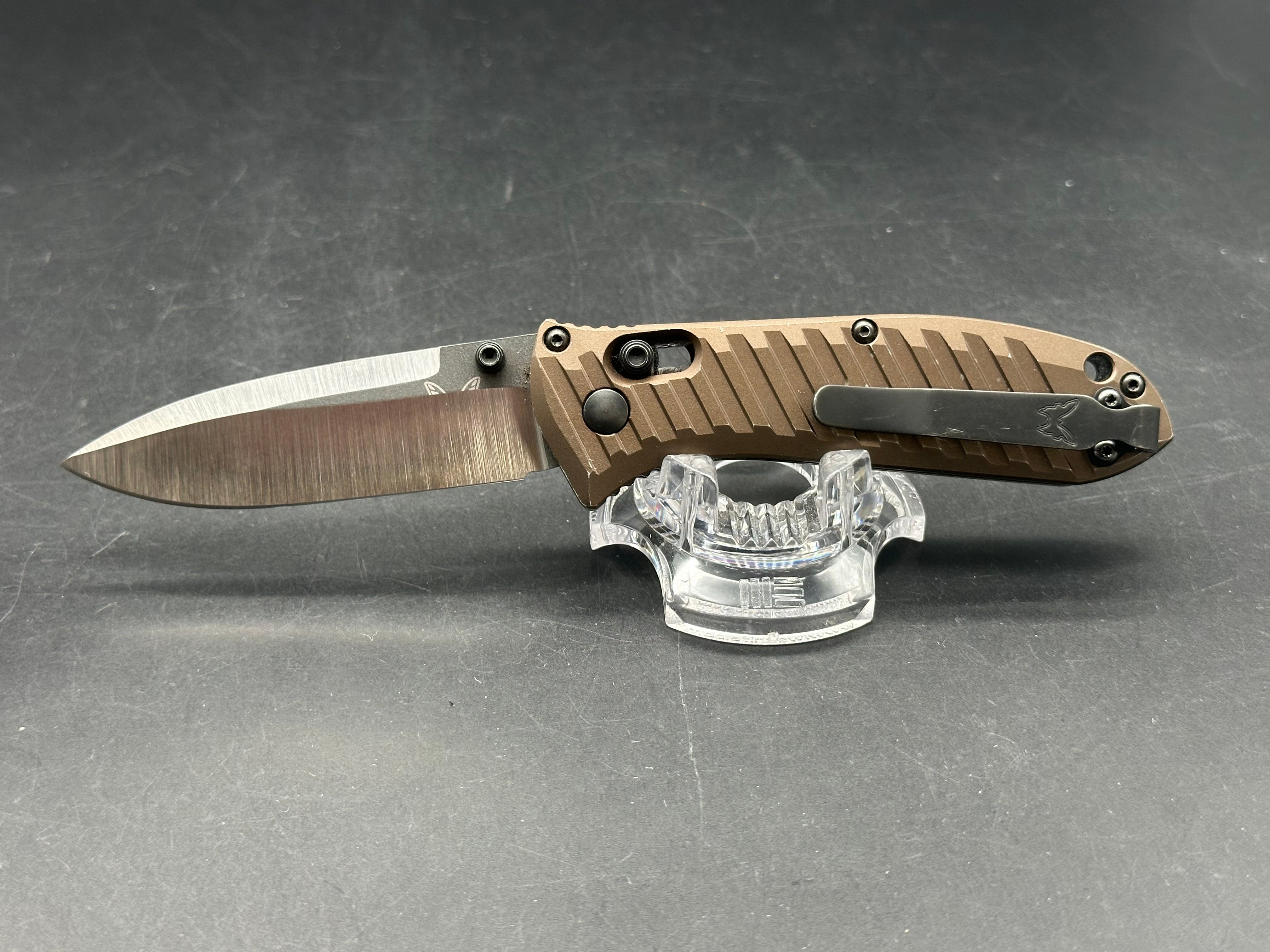 Benchmade Mini Presdio Shot Show Edition M4 Bronze aluminum scales, BGM Knives hollow regrind