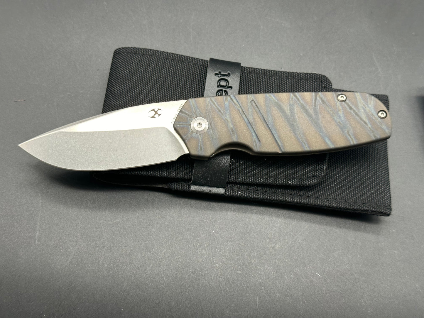 Kansept Knives Turaco Frame Lock Knife Tiger Stripe Flamed Titanium (2.8" SW)